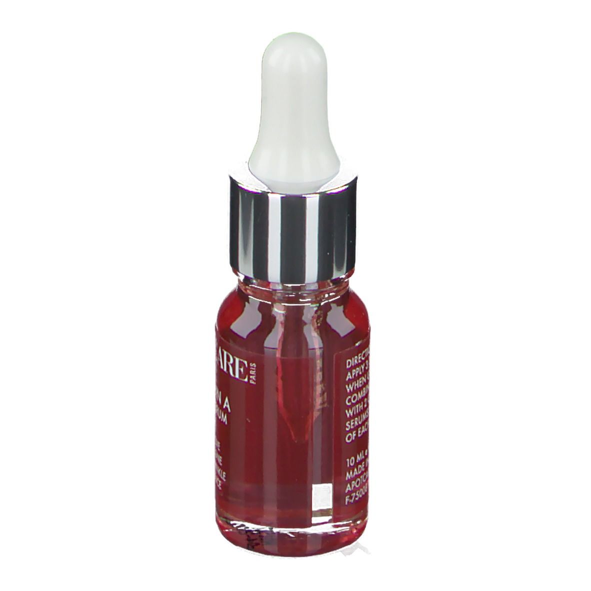 Petit flacon en verre avec liquide rouge et pipette. Inscription: APOT.CARE Vitamin A Pure Serum. Améliore le teint, anti-rides, éclat.
