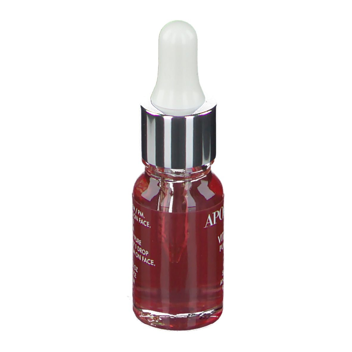 Petit flacon en verre avec liquide rouge et pipette. Inscription: APOT.CARE Vitamin A Pure Serum. Améliore le teint, anti-rides, éclat.