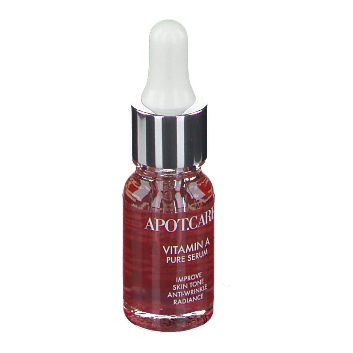 Petit flacon en verre avec liquide rouge et pipette. Inscription: APOT.CARE Vitamin A Pure Serum. Améliore le teint, anti-rides, éclat.