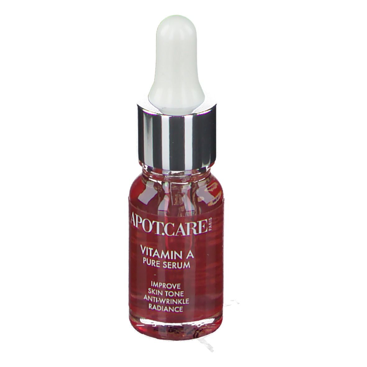 Petit flacon en verre avec liquide rouge et pipette. Inscription: APOT.CARE Vitamin A Pure Serum. Améliore le teint, anti-rides, éclat.