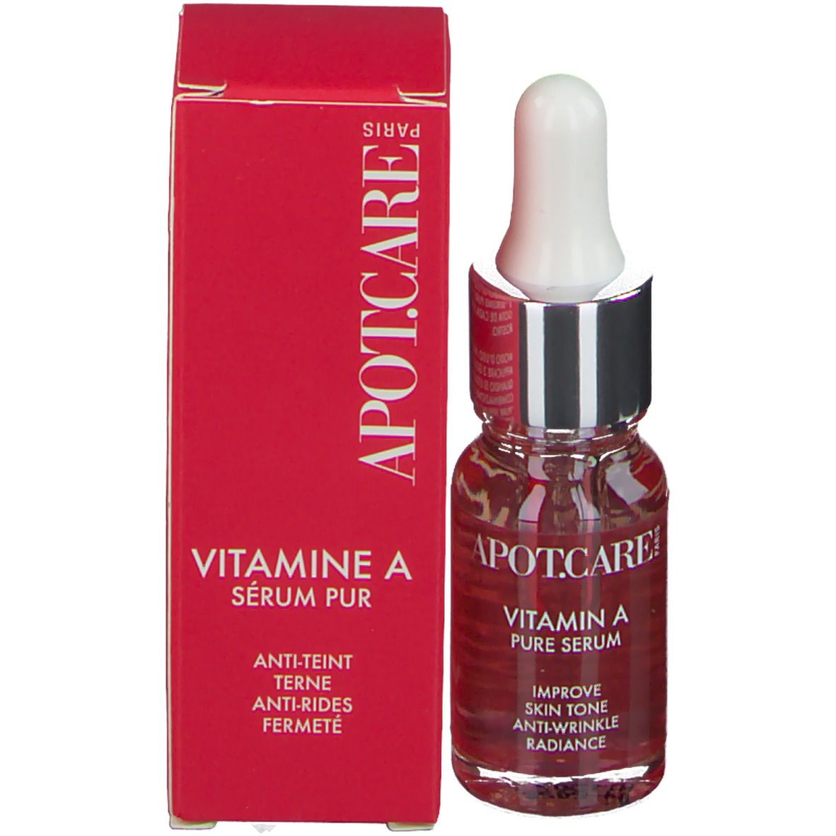 Petit flacon en verre avec liquide rouge et pipette, à côté d'un emballage rouge. Inscription: APOT.CARE Vitamine A Sérum Pur. Anti-teint, anti-rides, fermeté.