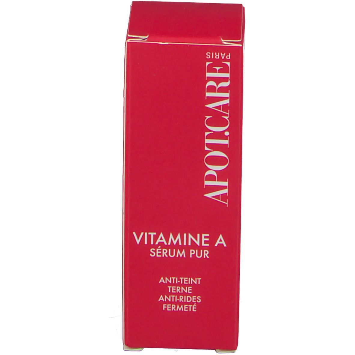 Emballage rouge avec inscription: APOT.CARE Vitamine A Sérum Pur. Anti-teint, anti-rides, fermeté.