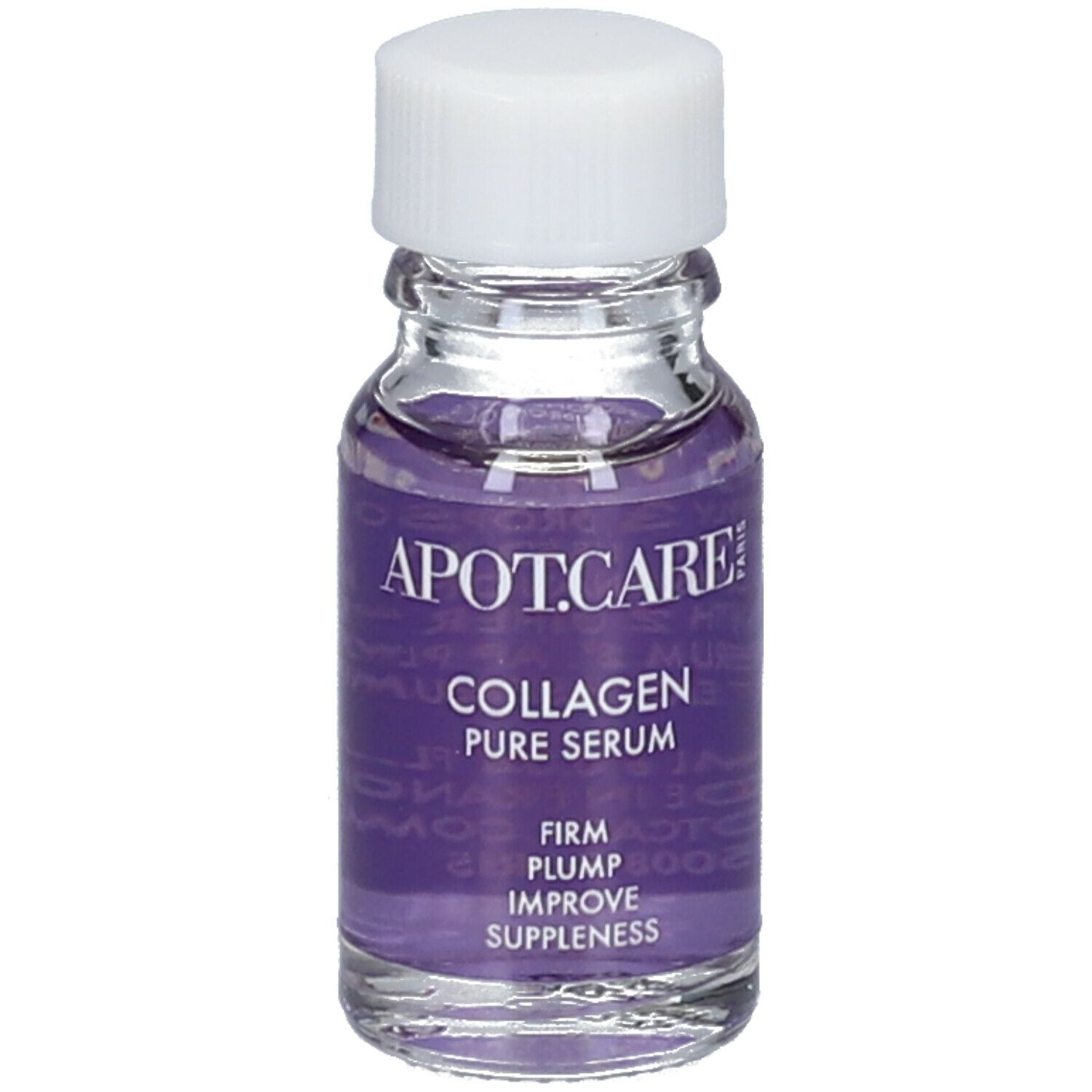 Petit flacon en verre transparent avec bouchon blanc. Étiquette violette avec texte: APOT.CARE Collagen Pure Serum.