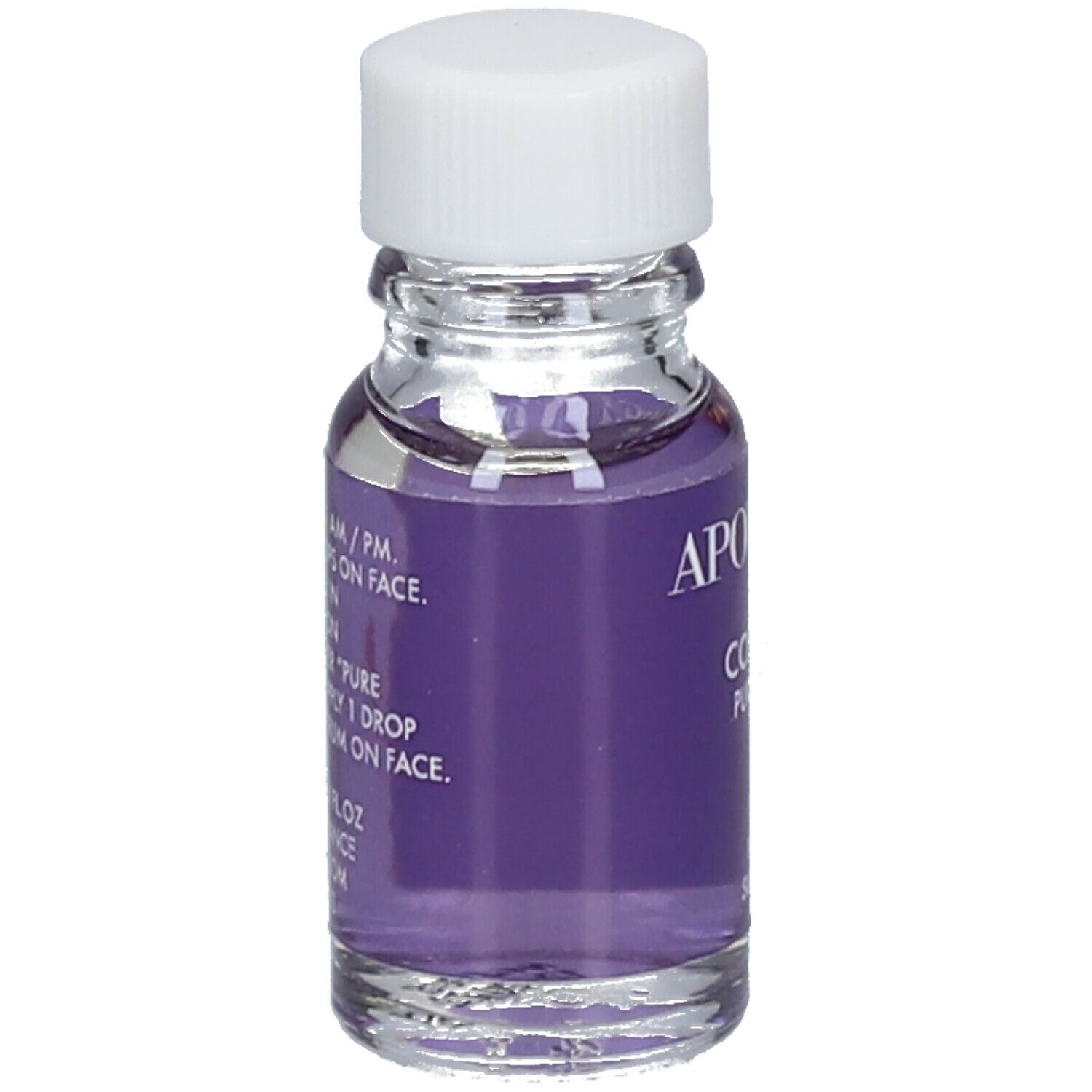 Petit flacon en verre transparent avec bouchon blanc. Étiquette violette avec texte: APOT.CARE Collagen Pure Serum.