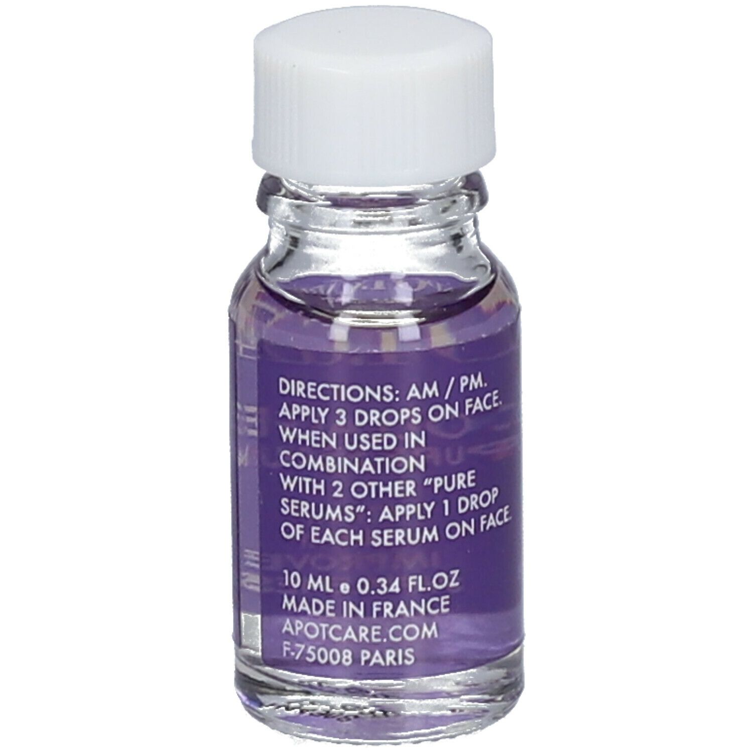 Petit flacon en verre transparent avec bouchon blanc. Étiquette violette avec texte et instructions: APOT.CARE Collagen Pure Serum.