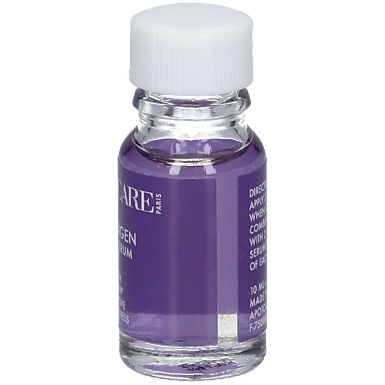 Petit flacon en verre transparent avec bouchon blanc. Étiquette violette avec texte et instructions: APOT.CARE Collagen Pure Serum.