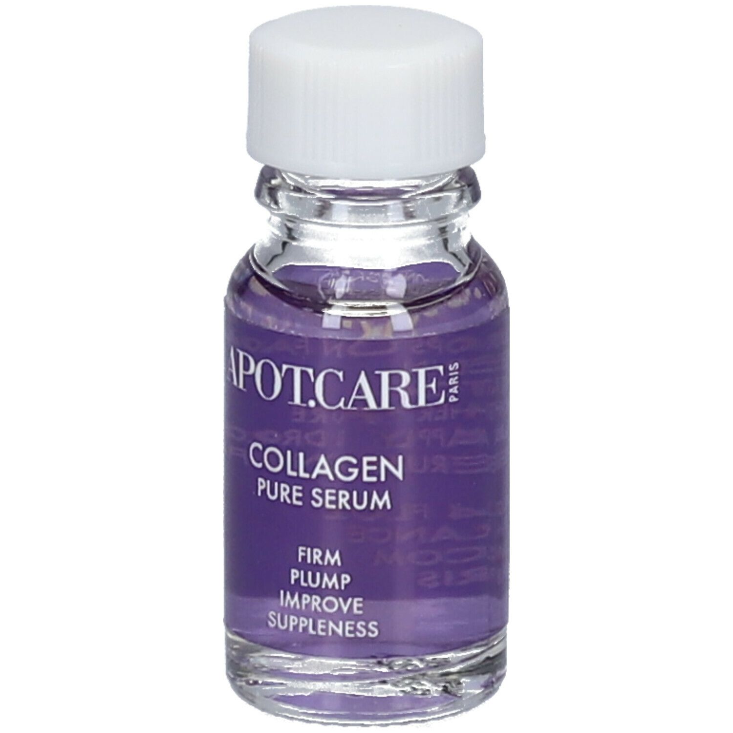 Petit flacon en verre transparent avec bouchon blanc. Étiquette violette avec texte: APOT.CARE Collagen Pure Serum.