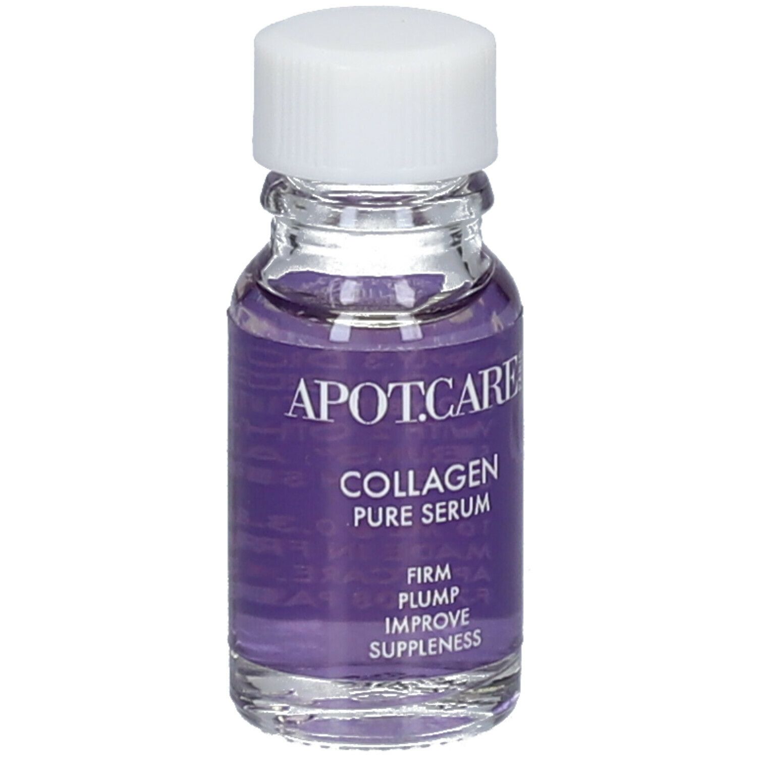 Petit flacon en verre transparent avec bouchon blanc. Étiquette violette avec texte: APOT.CARE Collagen Pure Serum.