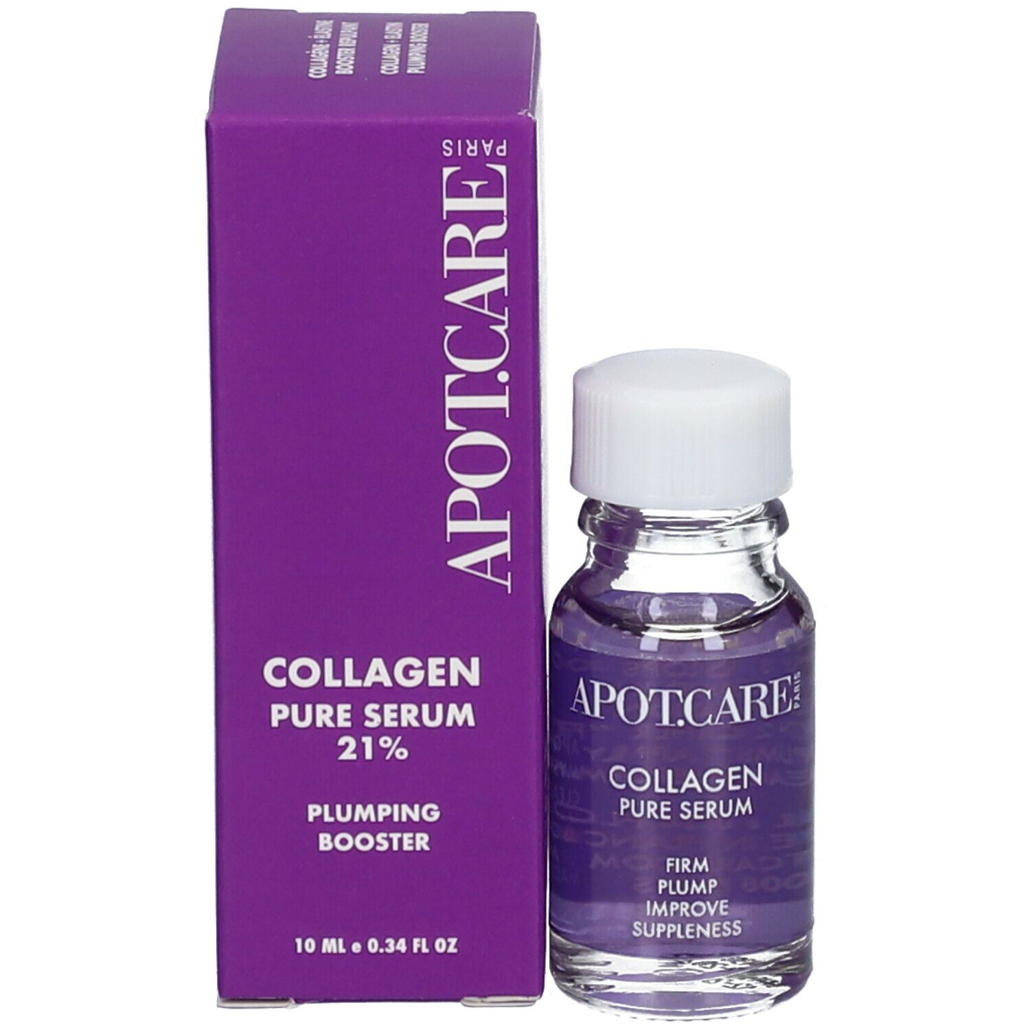 Emballage du produit: boîte et flacon violets. Texte: APOT.CARE Collagen Pure Serum 21%.