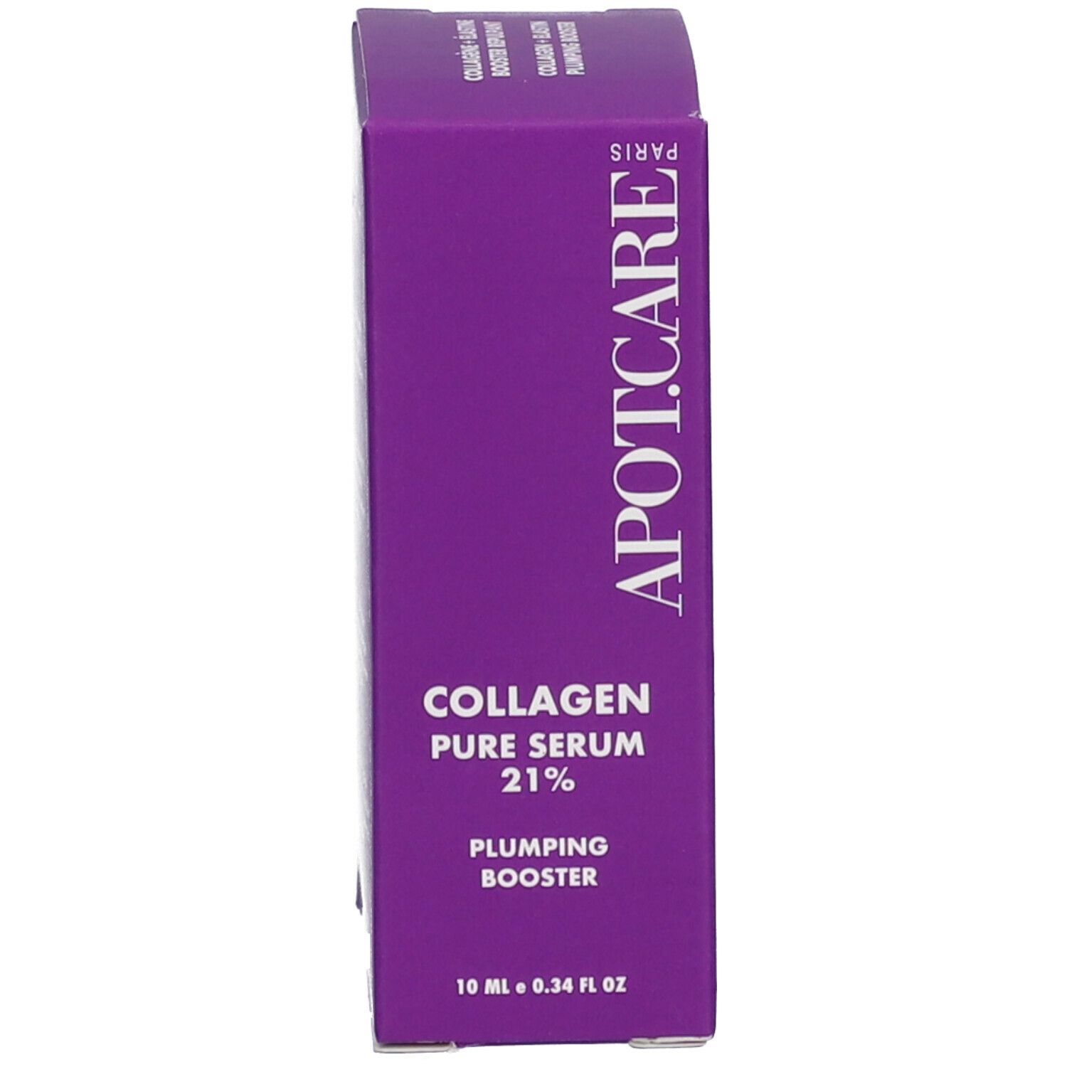 Emballage du produit violet. Texte: APOT.CARE Collagen Pure Serum 21%.