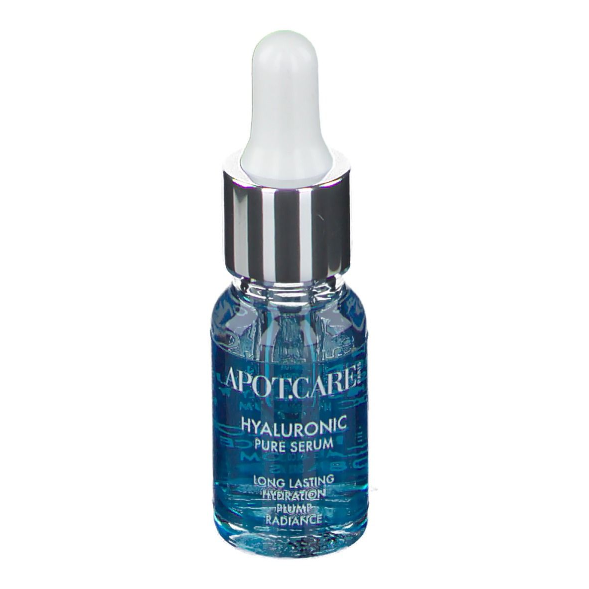 Glasflasche mit blauem Serum und Pipette. Aufschrift: APOT.CARE HYALURONIC PURE Serum. Text: LONG LASTING HYDRATION.