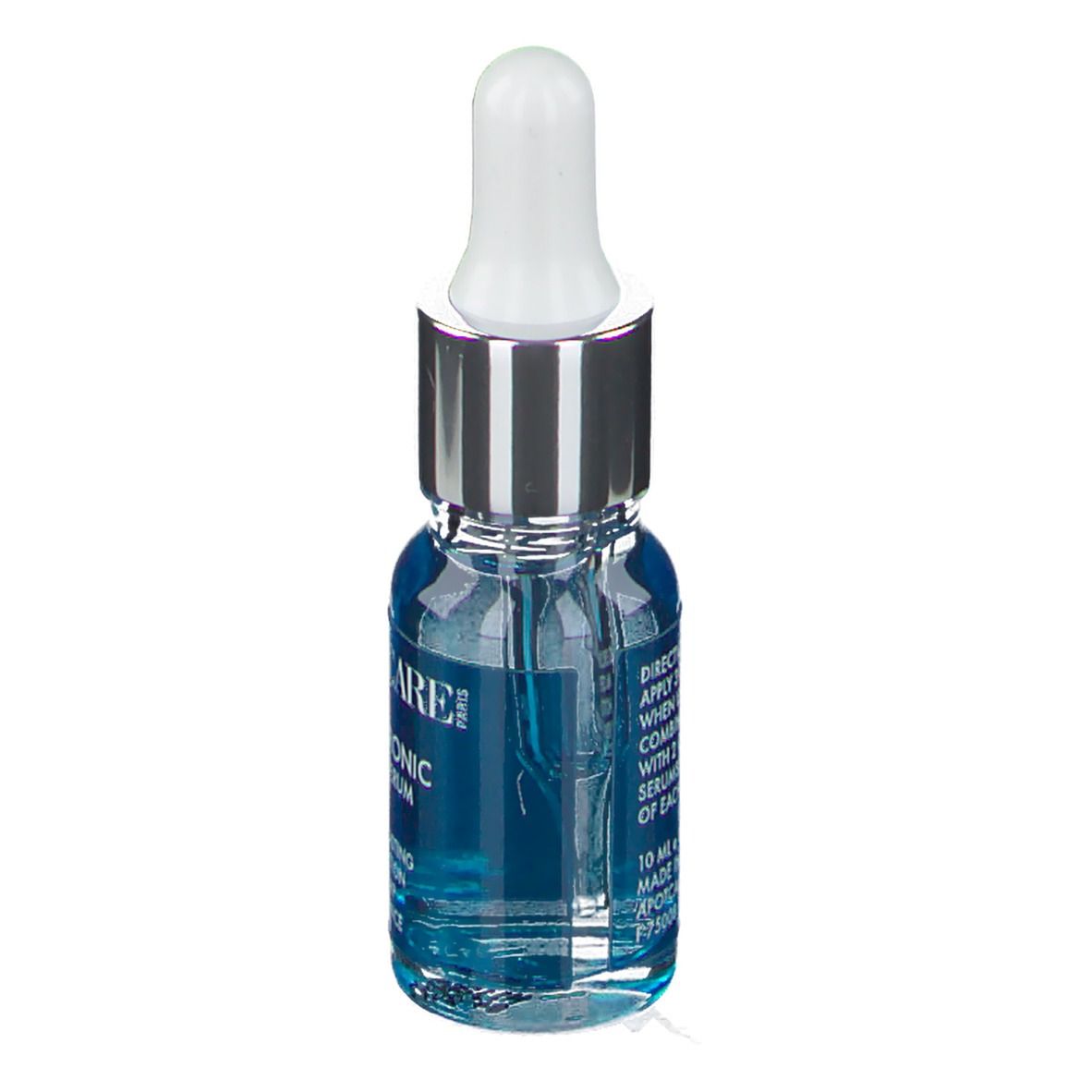 Glasflasche mit blauem Serum und Pipette. Aufschrift: APOT.CARE HYALURONIC PURE Serum. Text: LONG LASTING HYDRATION.