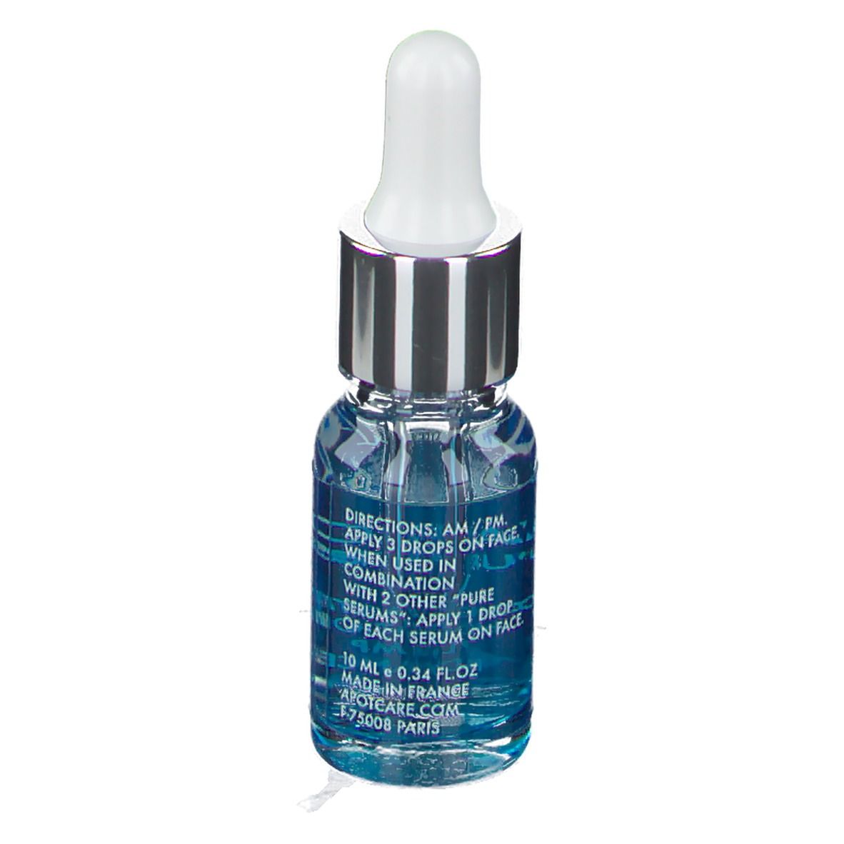Glasflasche mit blauem Serum und Pipette. Aufschrift: APOT.CARE HYALURONIC PURE Serum. Text: LONG LASTING HYDRATION.