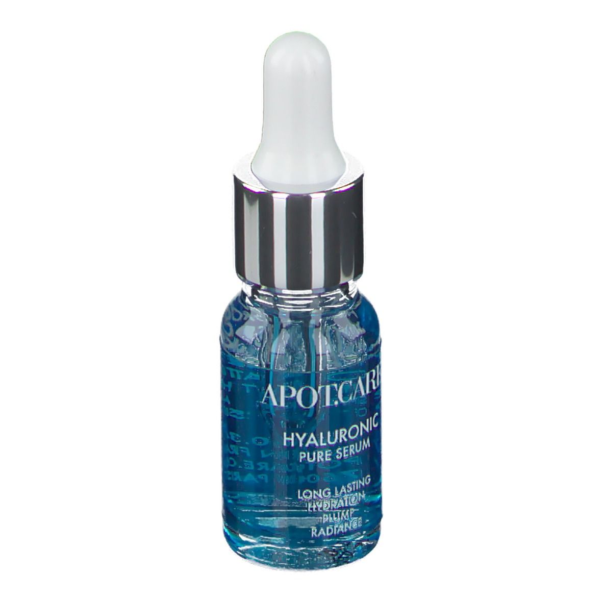 Glasflasche mit blauem Serum und Pipette. Aufschrift: APOT.CARE HYALURONIC PURE Serum. Text: LONG LASTING HYDRATION.