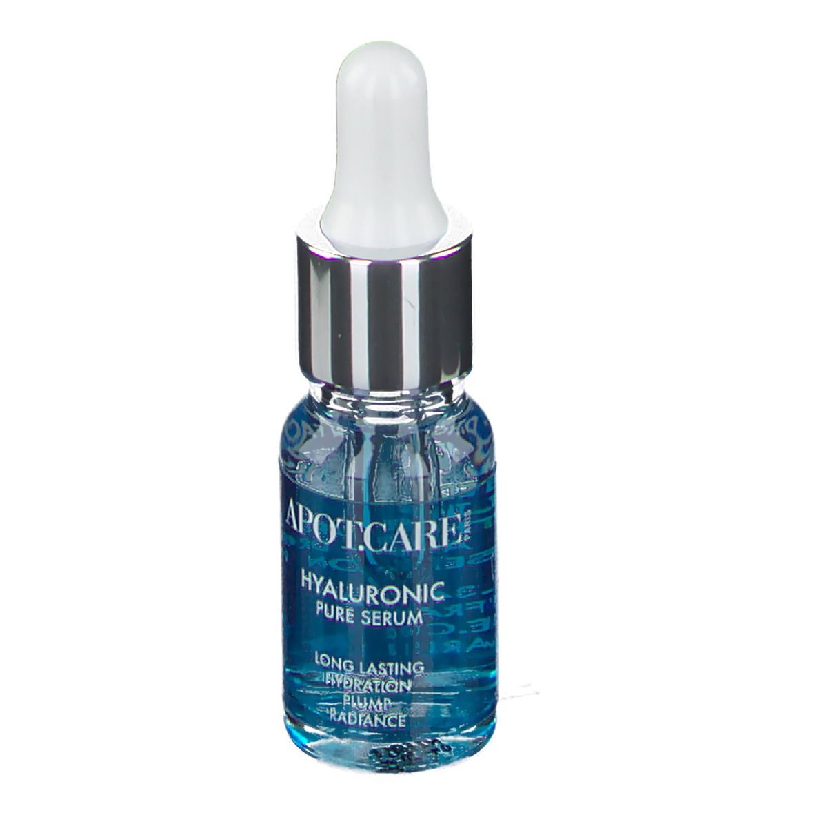 Glasflasche mit blauem Serum und Pipette. Aufschrift: APOT.CARE HYALURONIC PURE Serum. Text: LONG LASTING HYDRATION.