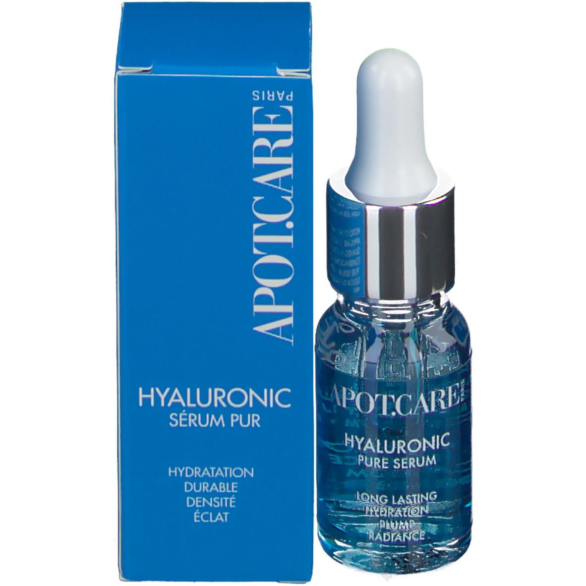 Glasflasche mit blauem Serum, Pipette und blauer Verpackung. Aufschrift: APOT.CARE HYALURONIC SÉRUM PUR.