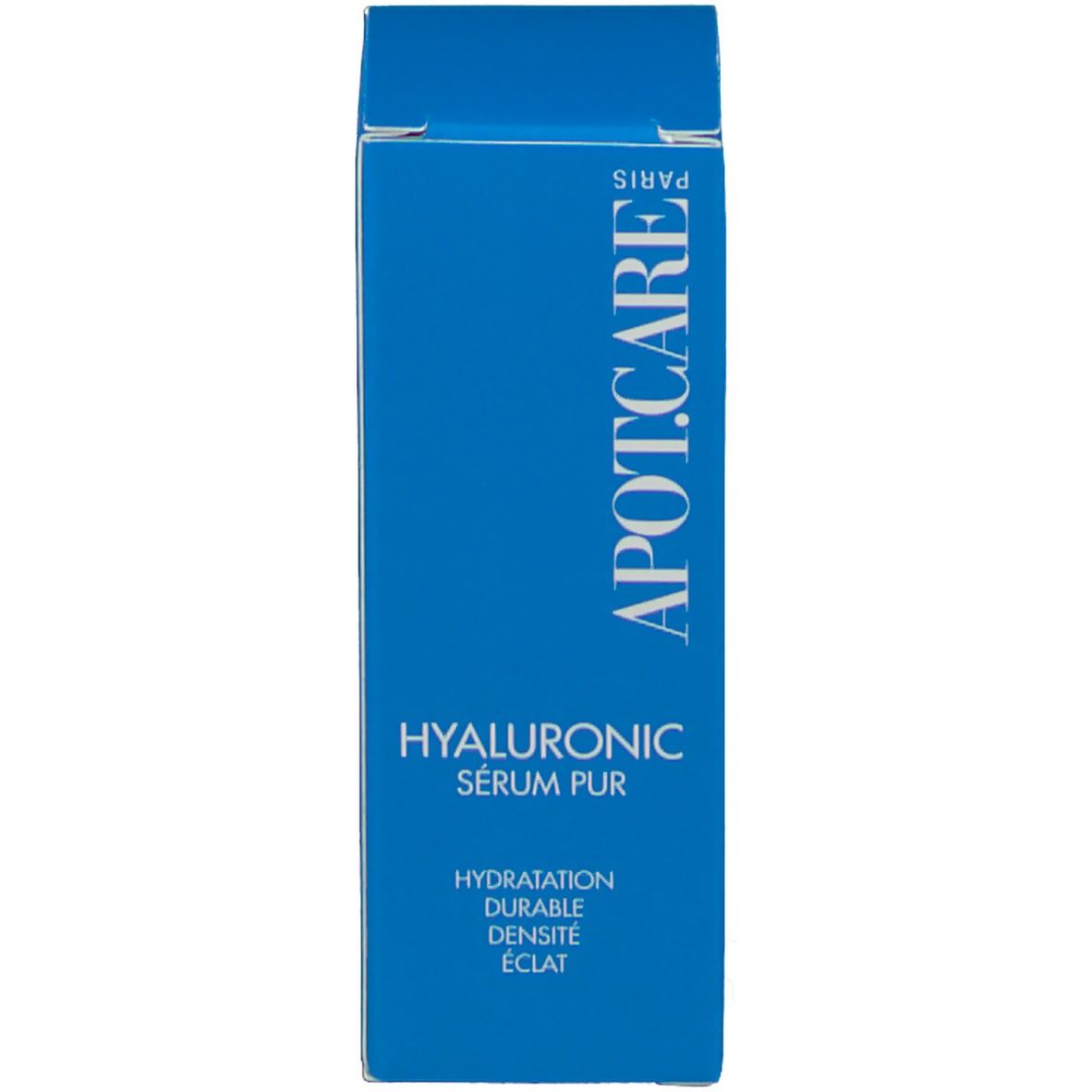 Blaue Verpackung mit Aufschrift: APOT.CARE HYALURONIC SÉRUM PUR. Text: HYDRATATION DURABLE DENSITÉ ÉCLAT.