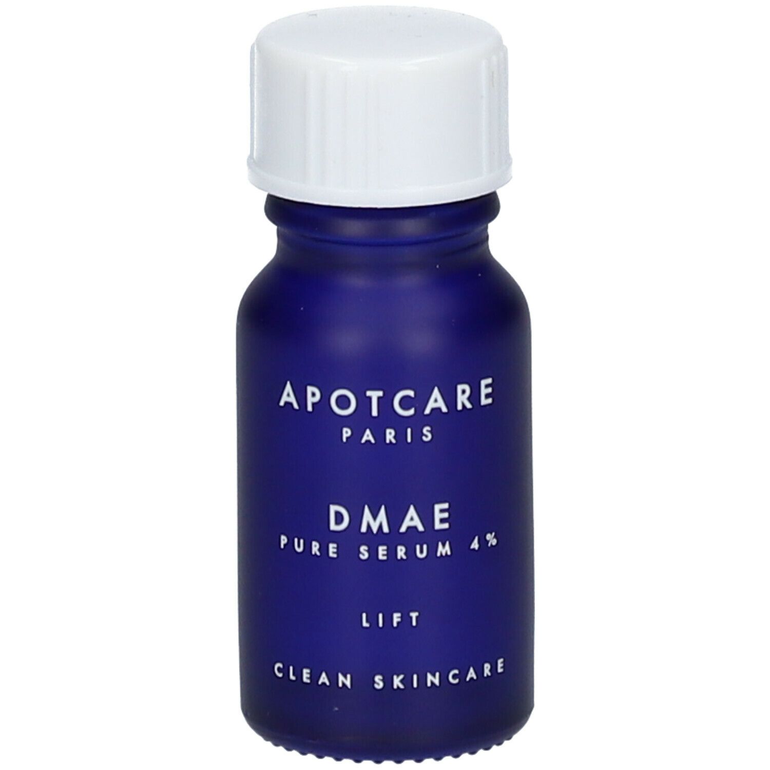 Flacon bleu avec bouchon blanc. Étiquette: APOT.CARE PARIS, DMAE Pure Serum 4%, LIFT, CLEAN SKINCARE.