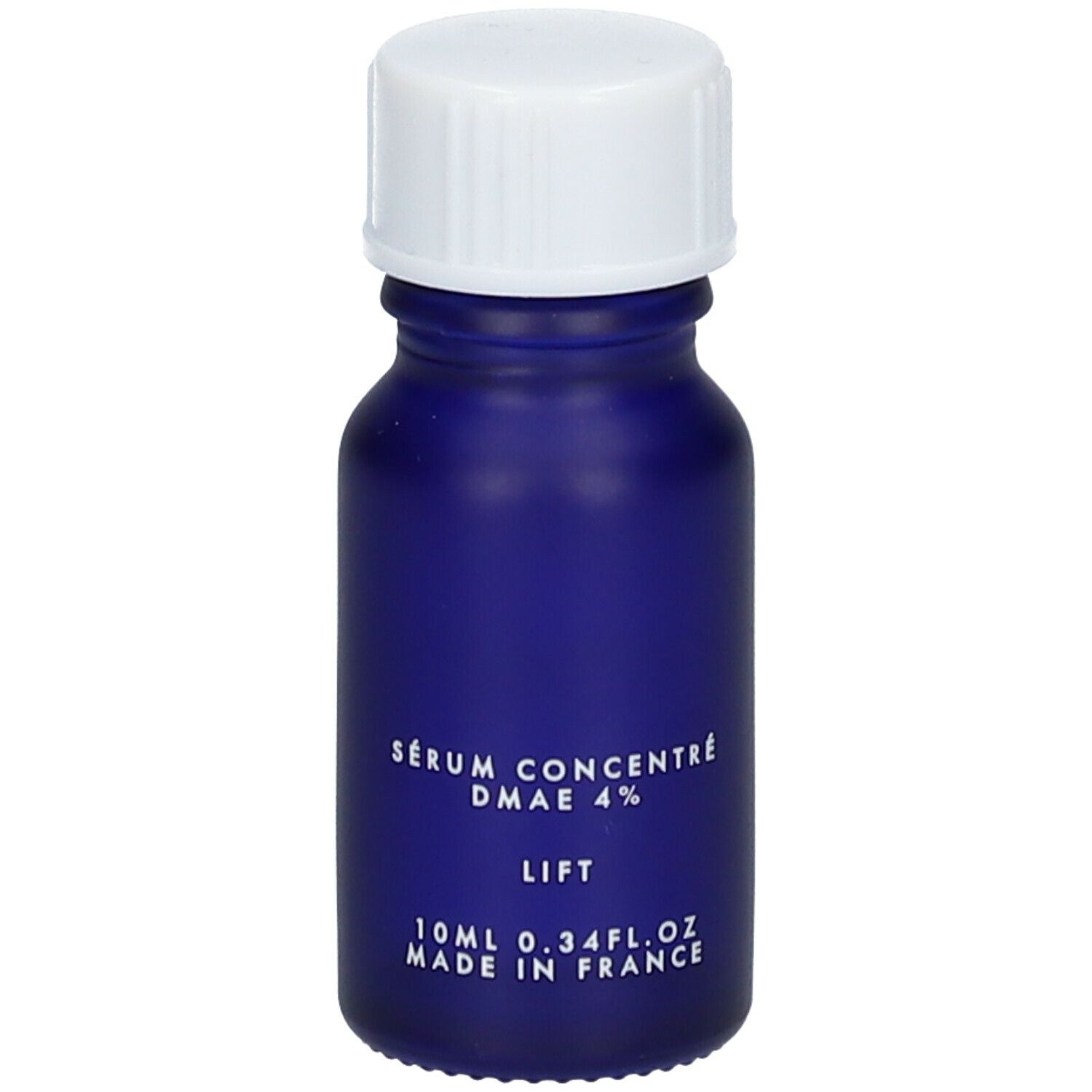 Flacon bleu avec bouchon blanc. Étiquette: APOT.CARE PARIS, DMAE Pure Serum 4%, LIFT, CLEAN SKINCARE.