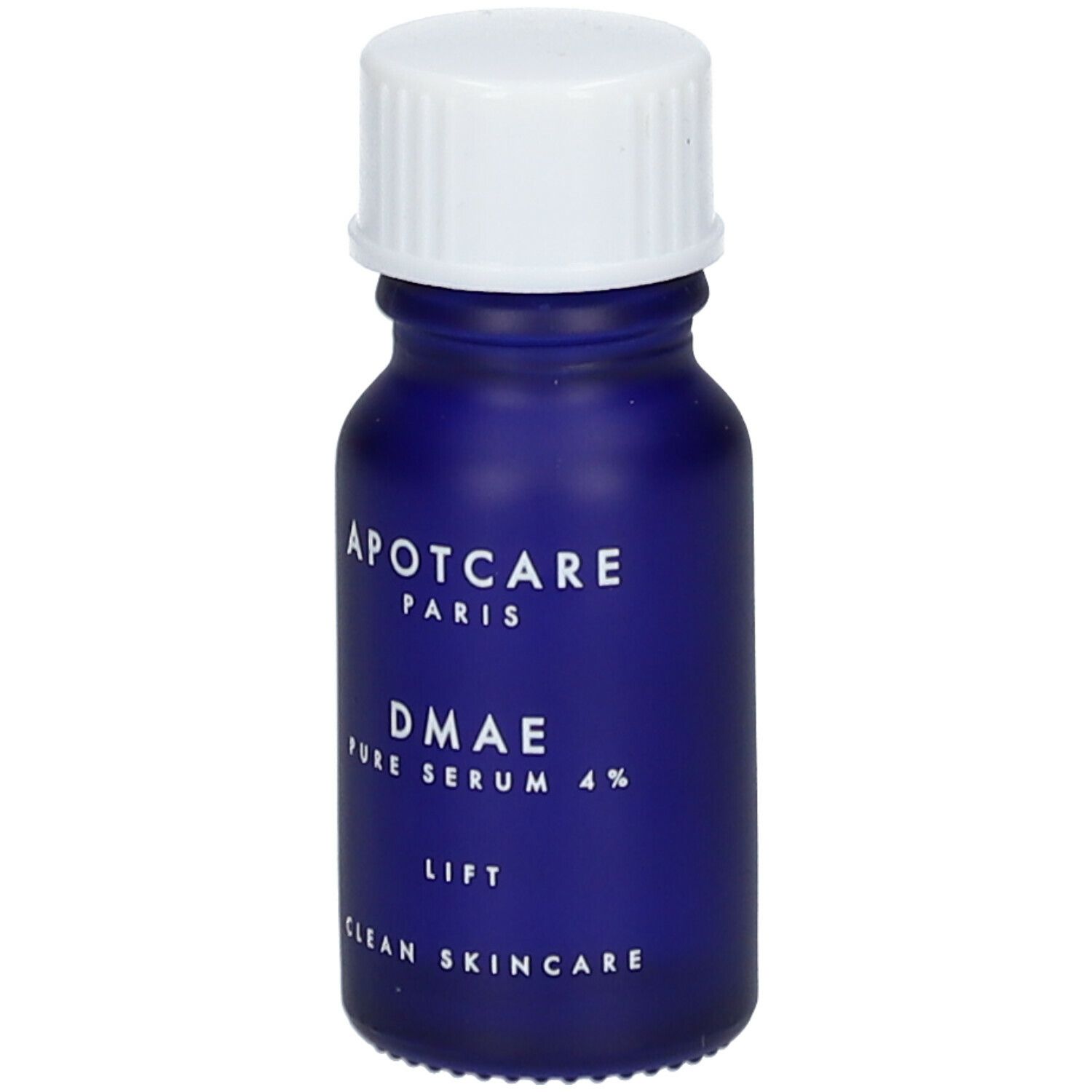 Flacon bleu avec bouchon blanc. Étiquette: APOT.CARE PARIS, DMAE Pure Serum 4%, LIFT, CLEAN SKINCARE.