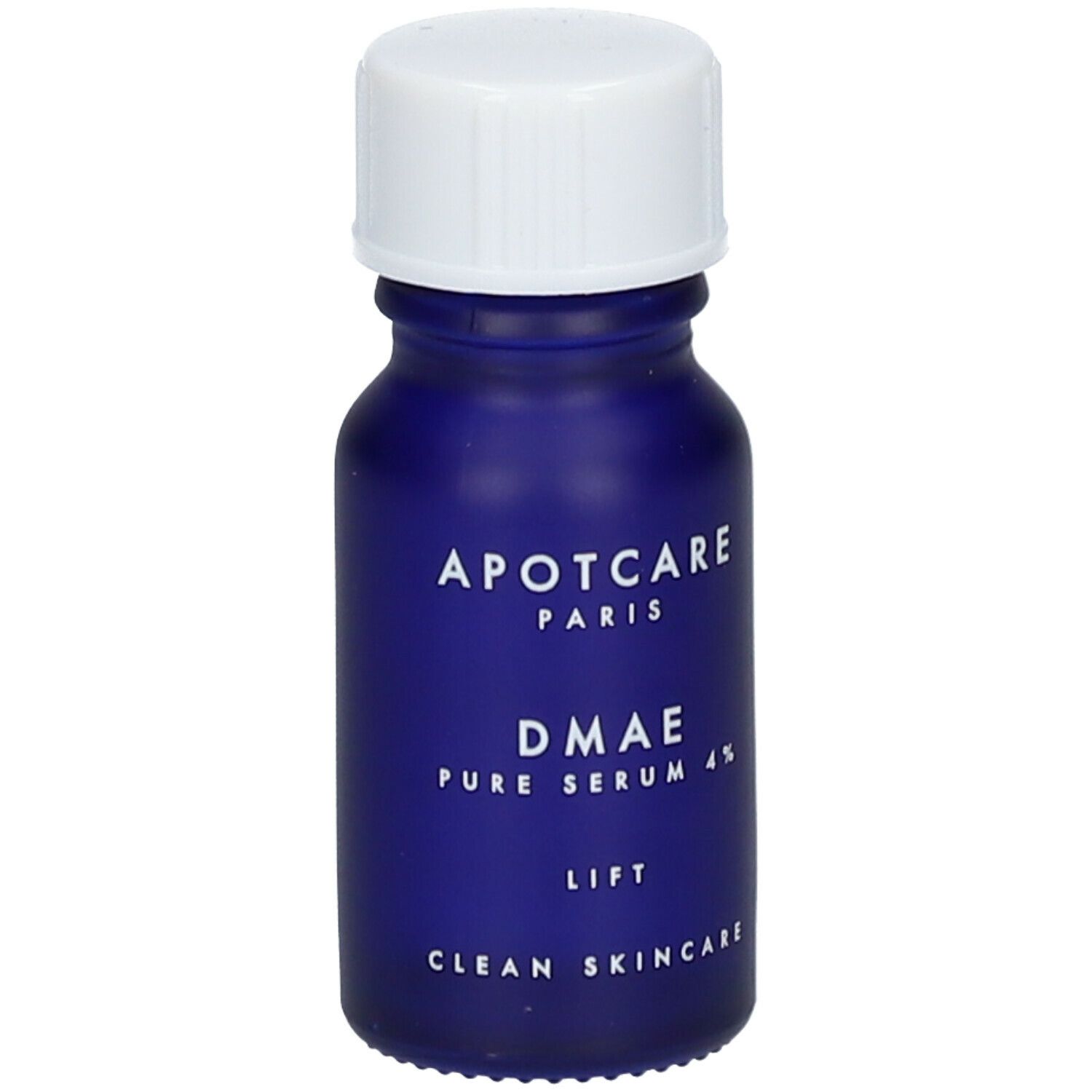 Flacon bleu avec bouchon blanc. Étiquette: APOT.CARE PARIS, DMAE Pure Serum 4%, LIFT, CLEAN SKINCARE.