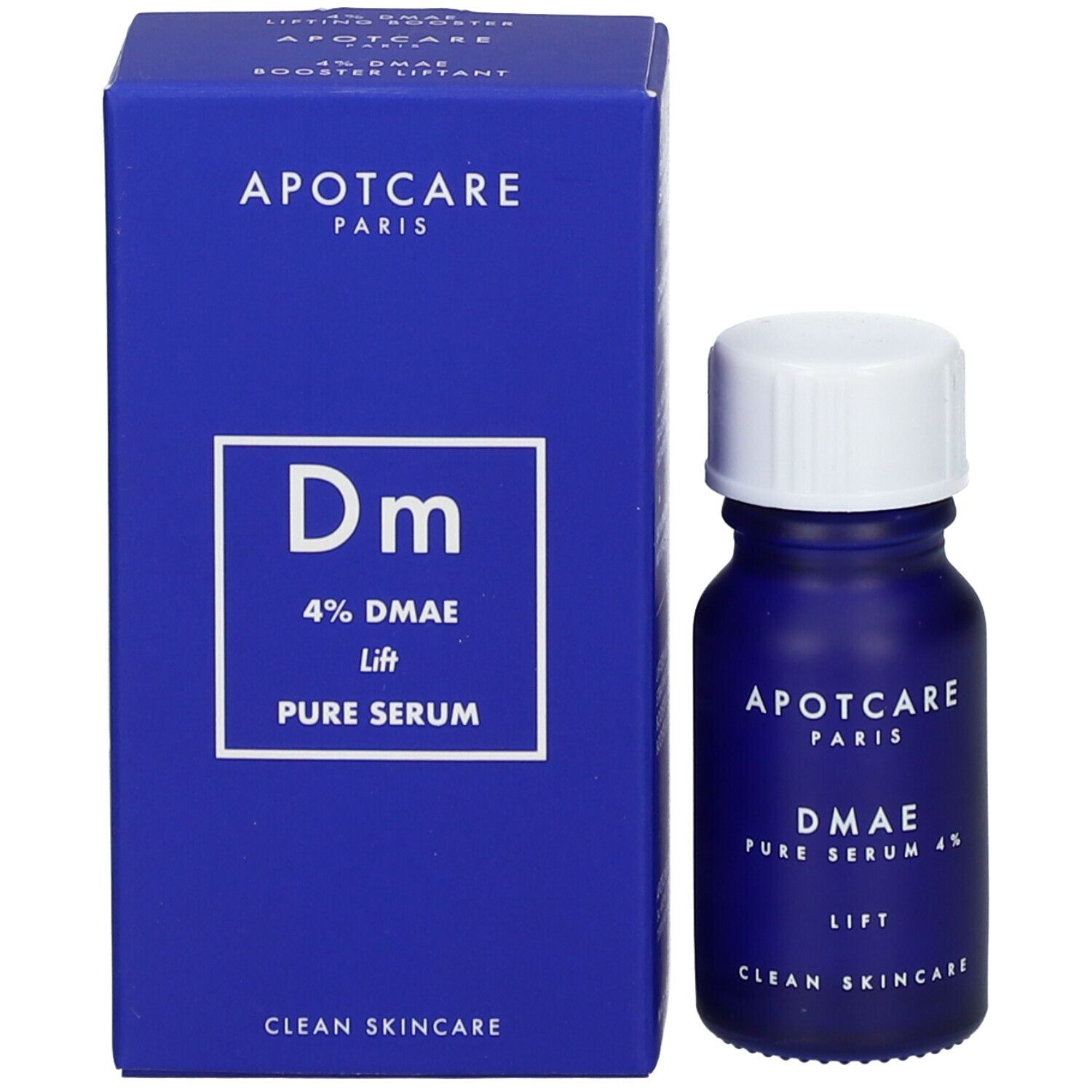 Boîte et flacon bleus. Texte: APOT.CARE, DMAE Pure Serum 4%, LIFT. Flacon avec bouchon blanc.
