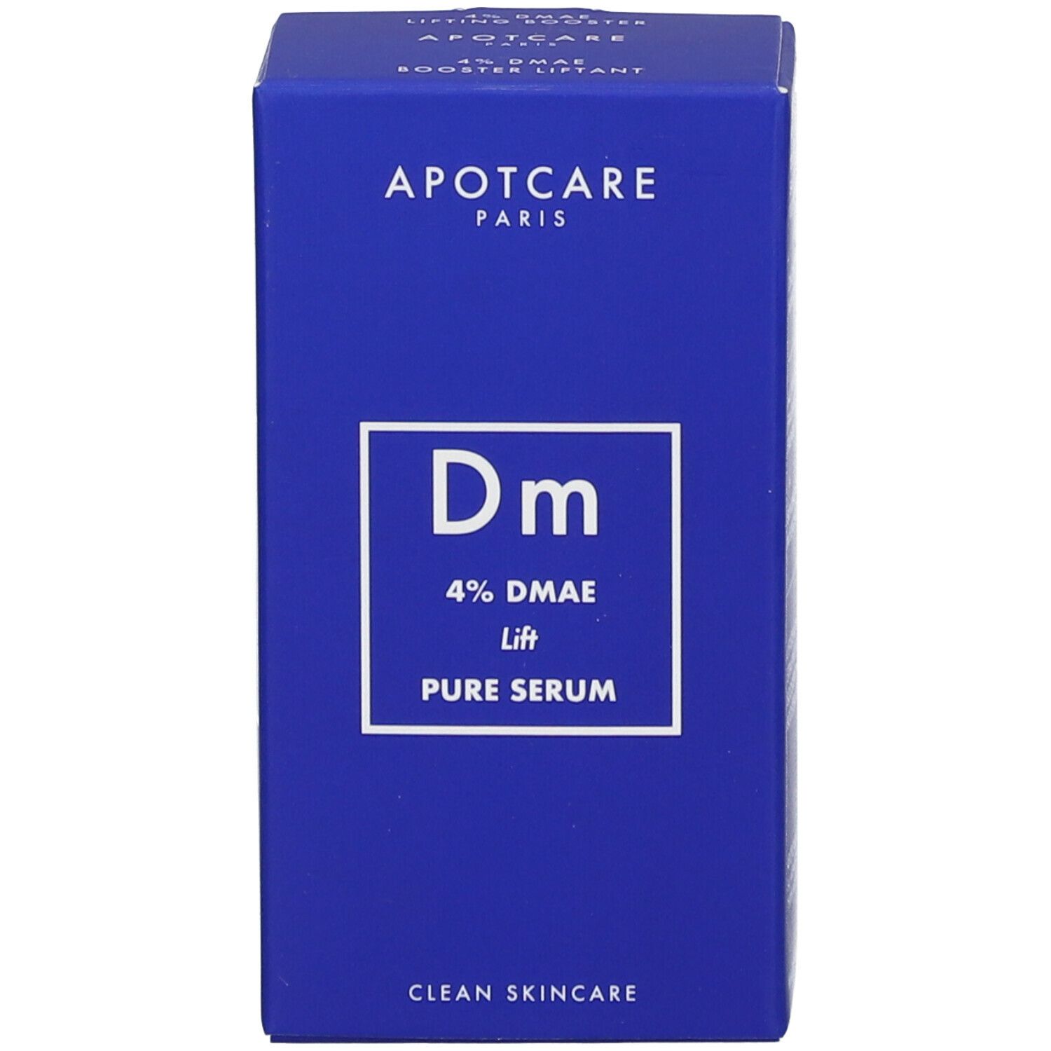 Emballage bleu. Texte: APOT.CARE, Dm, 4% DMAE Lift, Pure Serum, CLEAN SKINCARE.