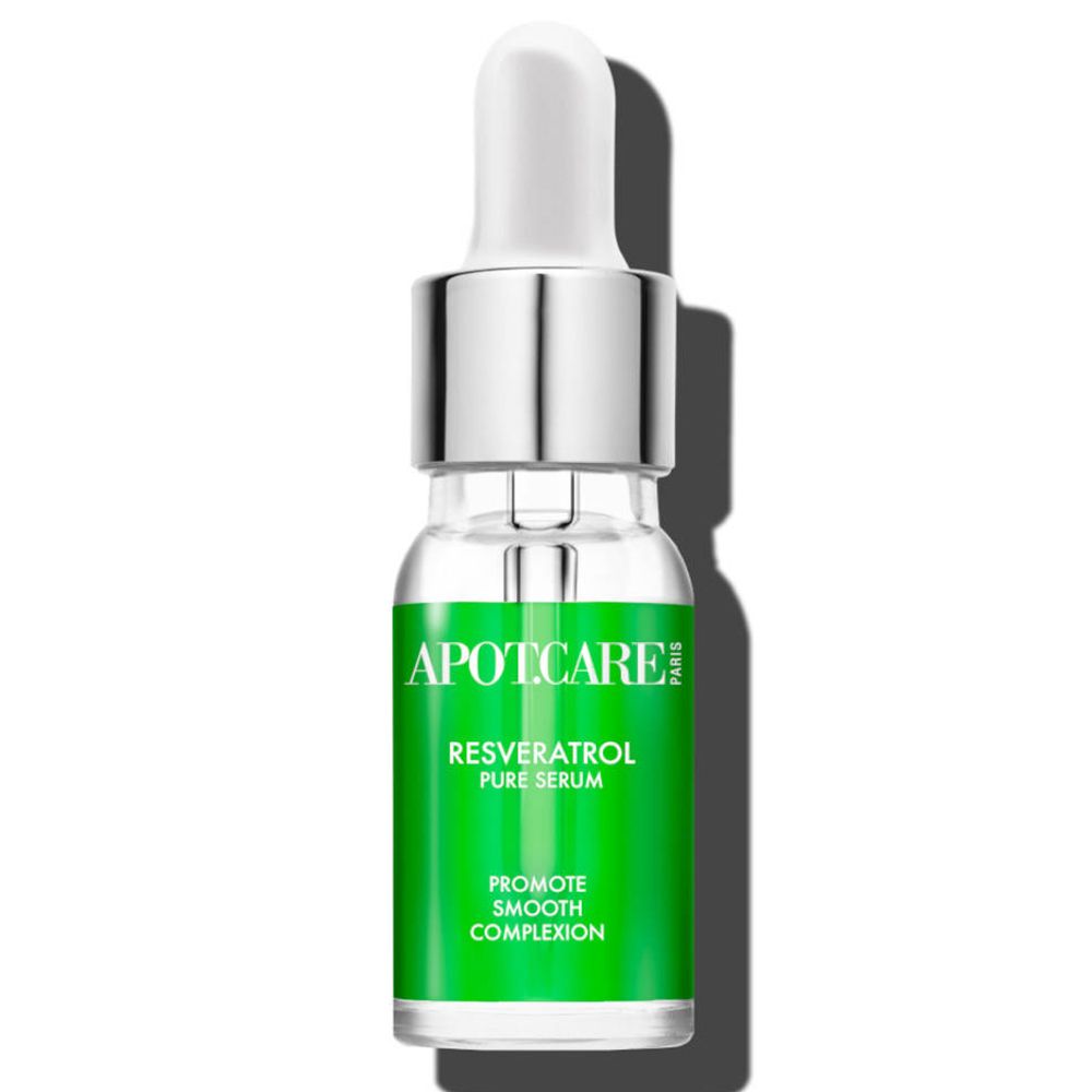 Flacon transparent avec pipette. Étiquette : APOT.CARE, Resveratrol Pure Serum, Promote Smooth Complexion.