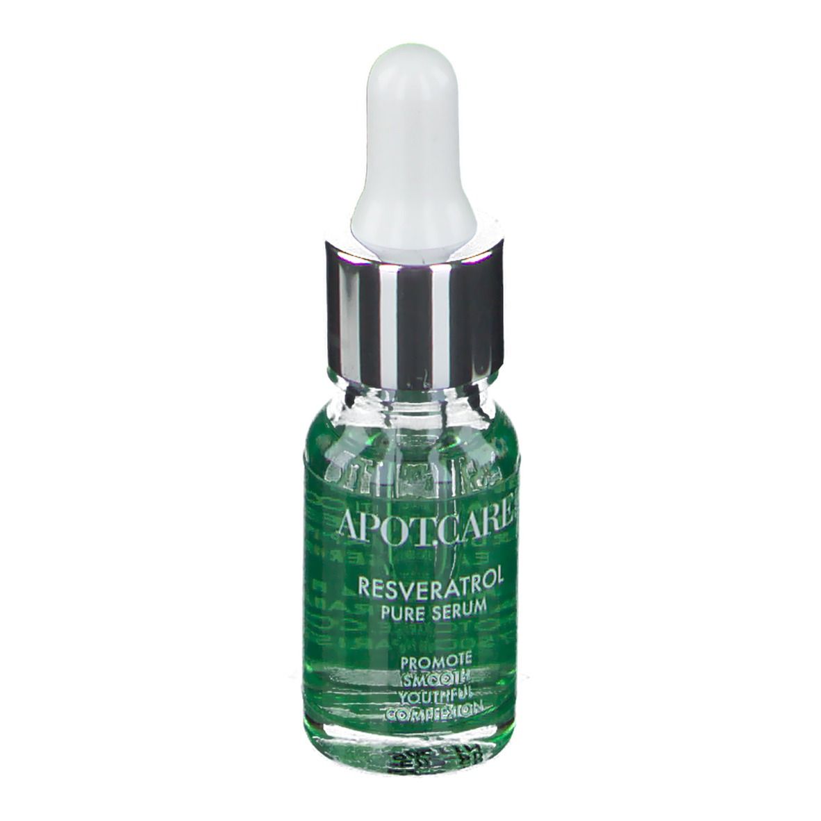 Flacon transparent avec pipette. Étiquette : APOT.CARE, Resveratrol Pure Serum, Promote Smooth, Youthful Complexion.