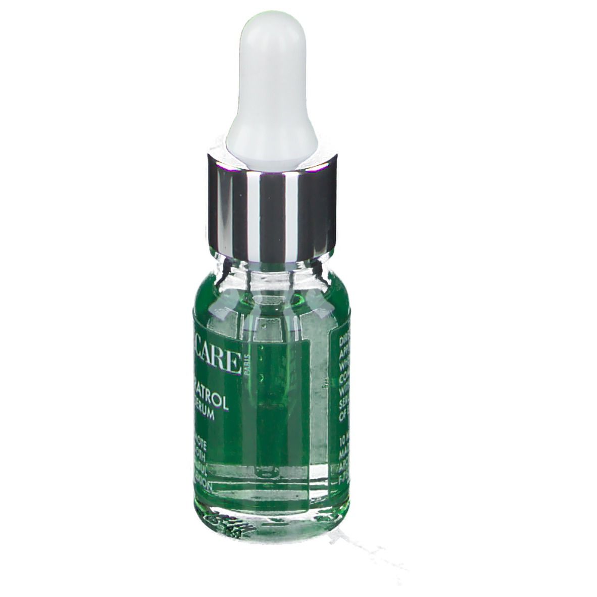 Flacon transparent avec pipette. Étiquette : APOT.CARE, Resveratrol Pure Serum. Texte au dos.