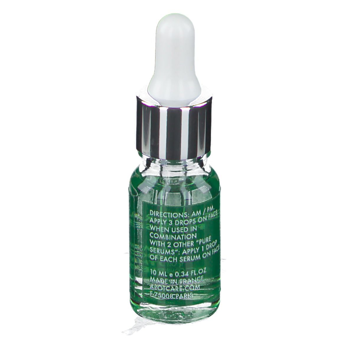 Flacon transparent avec pipette. Étiquette : APOT.CARE, Resveratrol Pure Serum. Texte au dos.