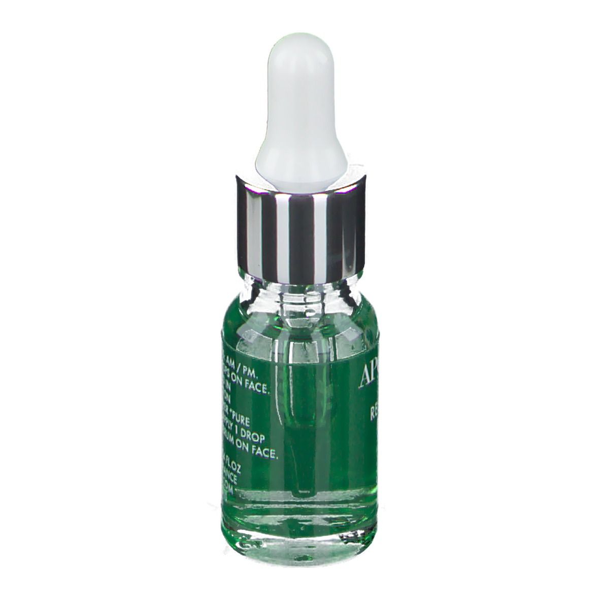 Flacon transparent avec pipette. Étiquette : APOT.CARE, Resveratrol Pure Serum. Texte au dos.
