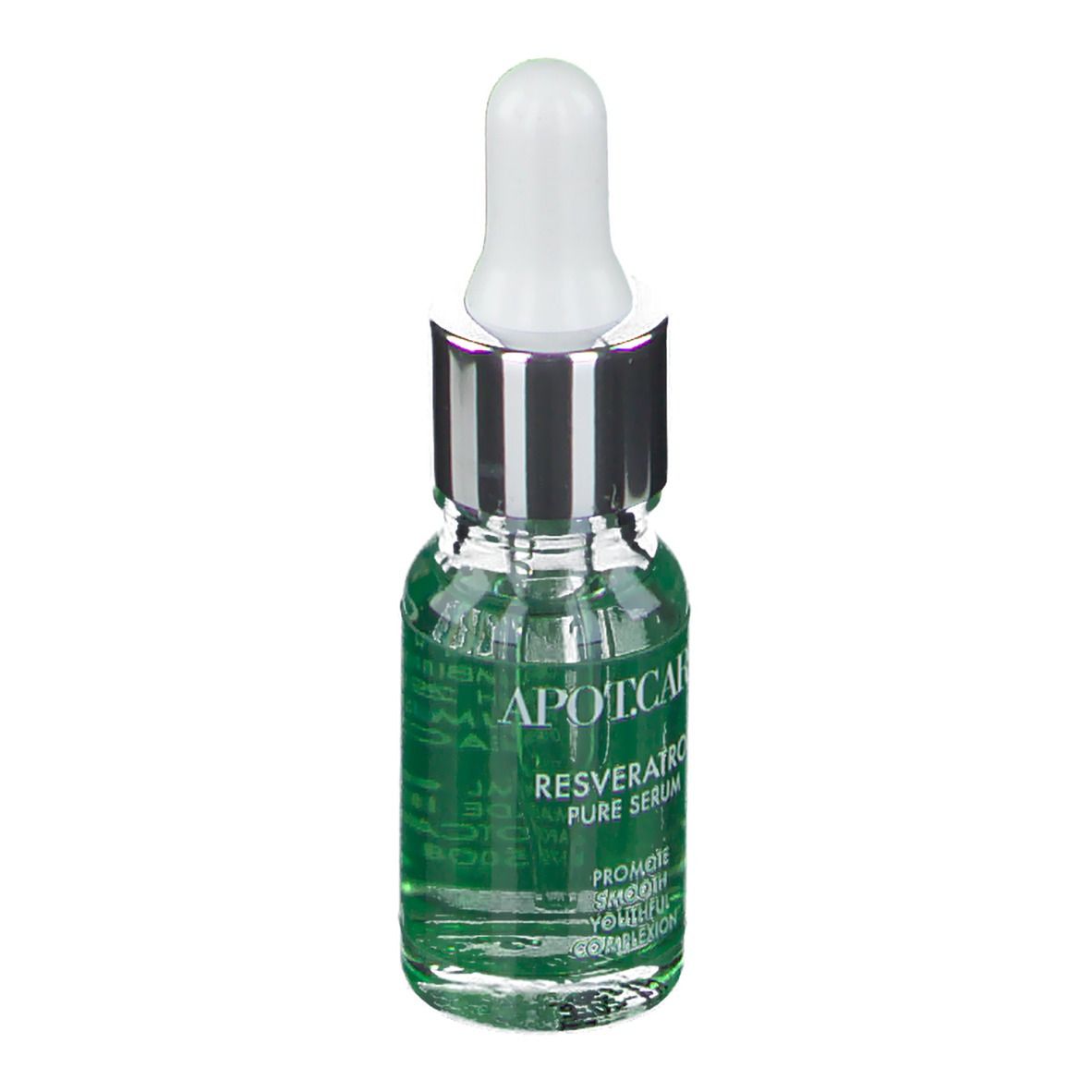 Flacon transparent avec pipette. Étiquette : APOT.CARE, Resveratrol Pure Serum. Texte au dos.