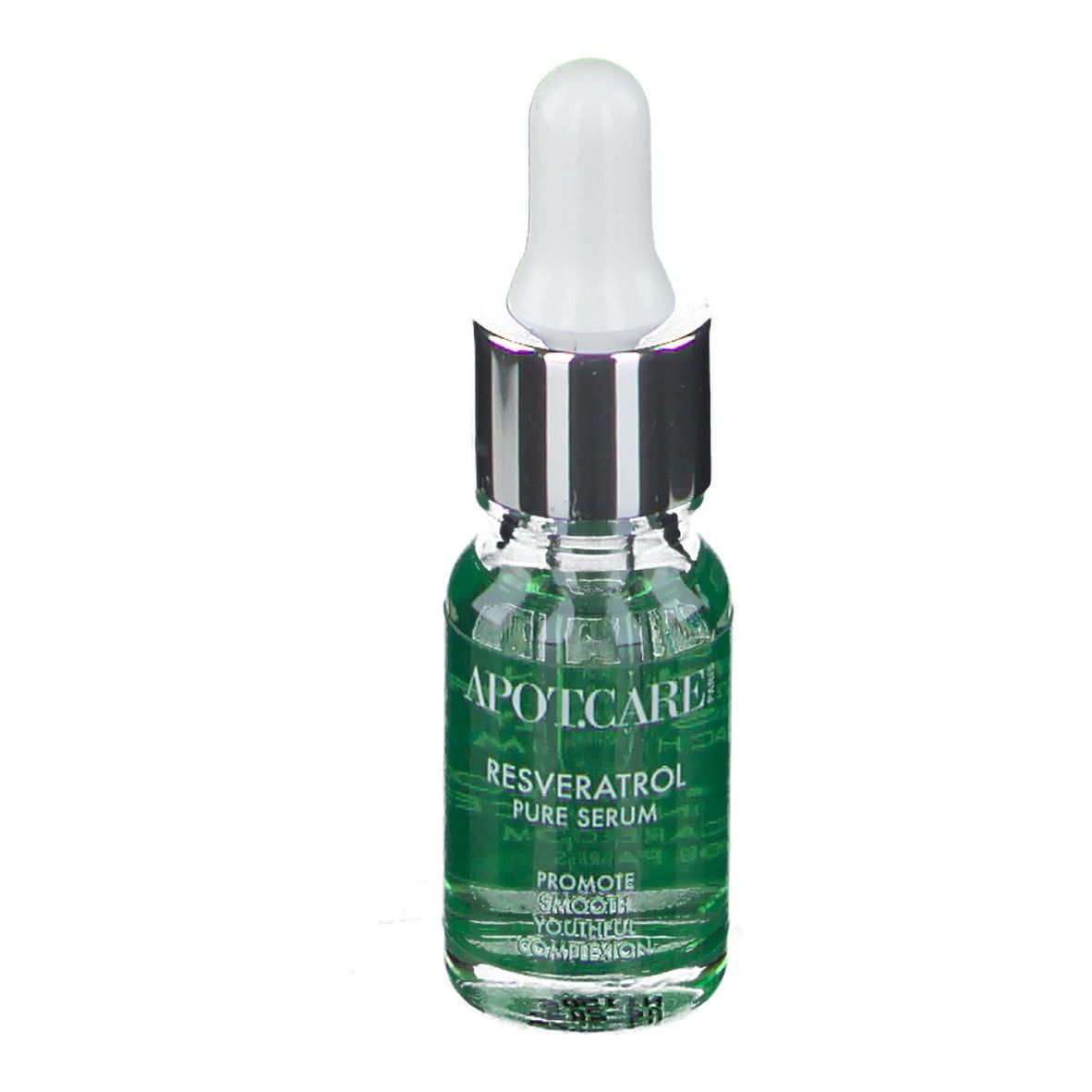 Flacon transparent avec pipette. Étiquette : APOT.CARE, Resveratrol Pure Serum, Promote Smooth Complexion.