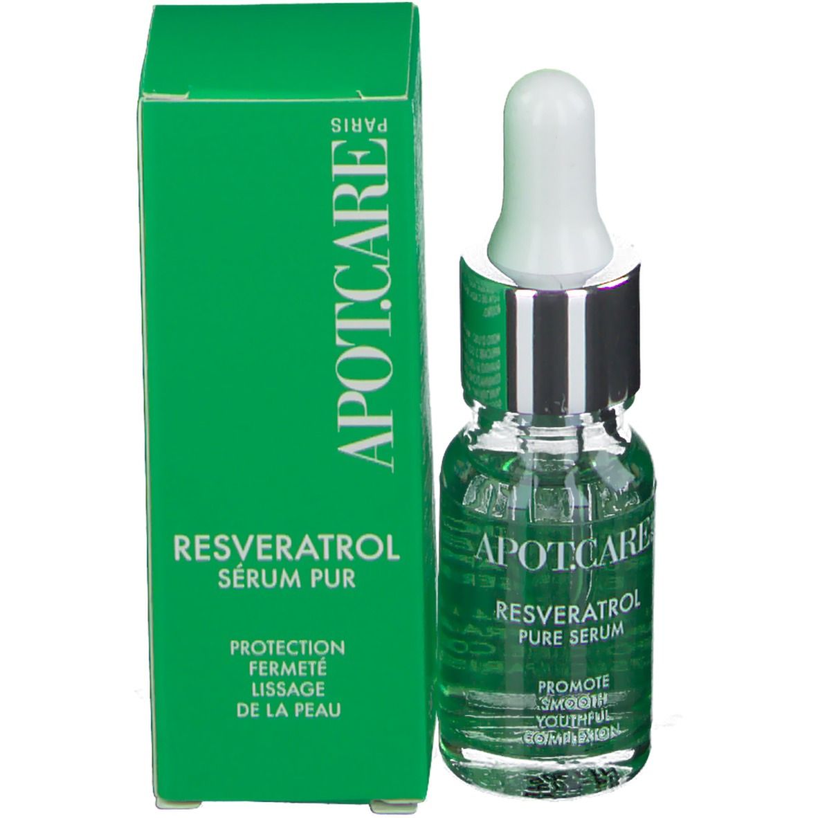 Boîte verte et flacon avec pipette. Inscription : APOT.CARE, Resveratrol Sérum Pur.