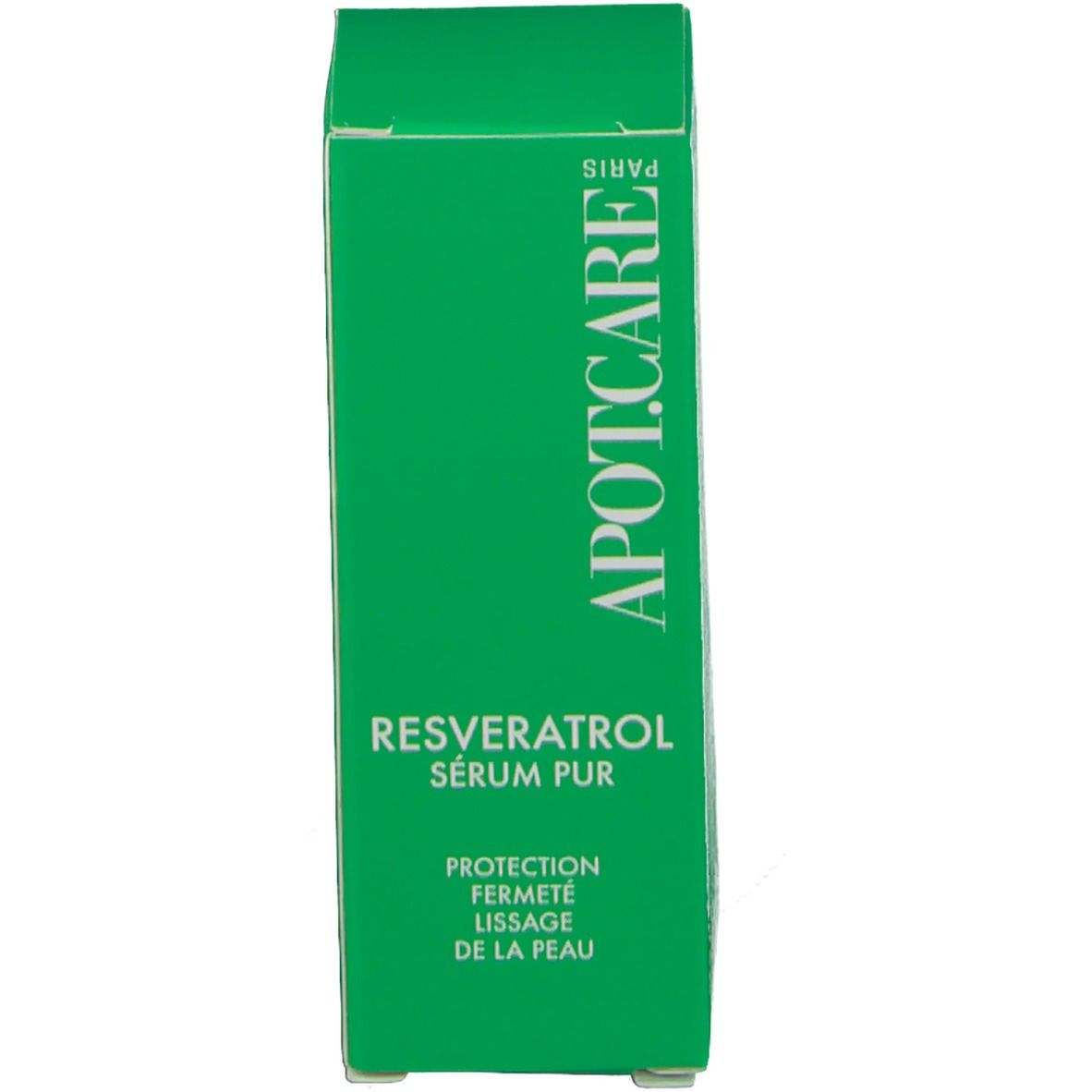 Boîte verte. Inscription : APOT.CARE, Resveratrol Sérum Pur, Protection Fermeté, Lissage de la Peau.