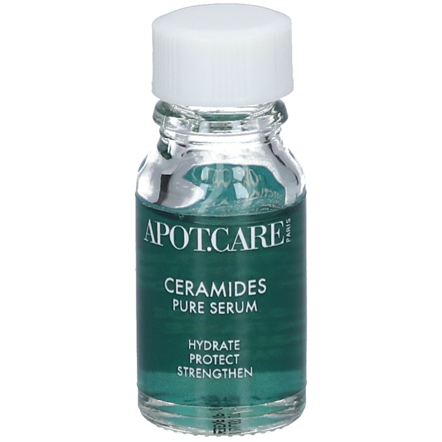 Flacon transparent avec sérum. Bouchon blanc. Inscription : APOT.CARE, Ceramides Pure Serum. Étiquette verte et blanche.