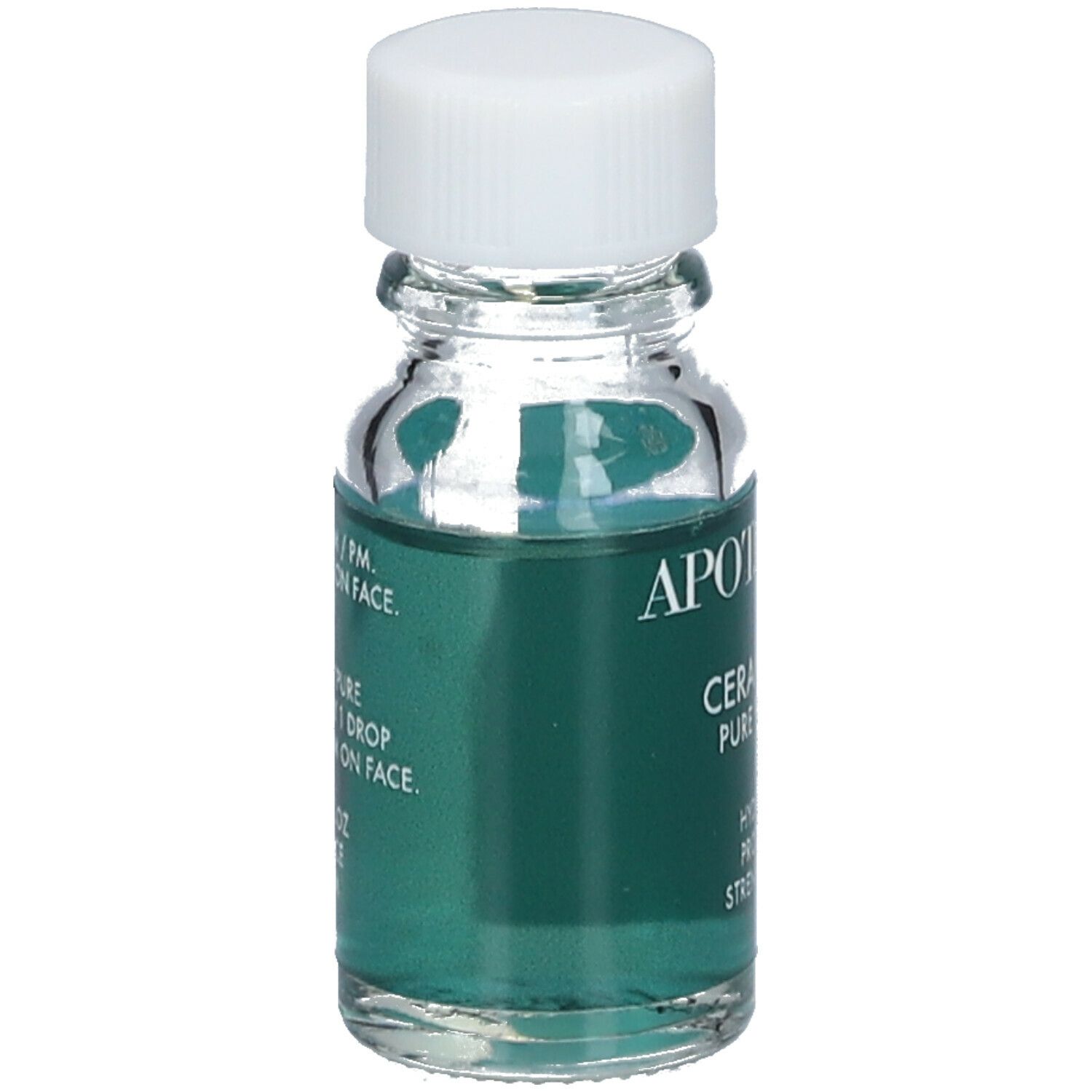 Flacon transparent avec sérum. Bouchon blanc. Inscription : APOT.CARE, Ceramides Pure Serum. Étiquette verte et blanche.