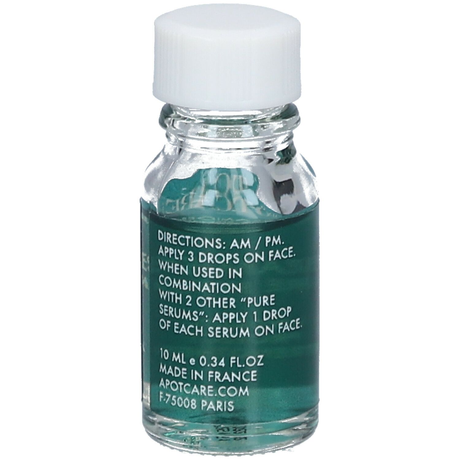 Flacon transparent avec sérum. Bouchon blanc. Inscription : APOT.CARE, Ceramides Pure Serum. Étiquette verte et blanche. Instructions d'utilisation.