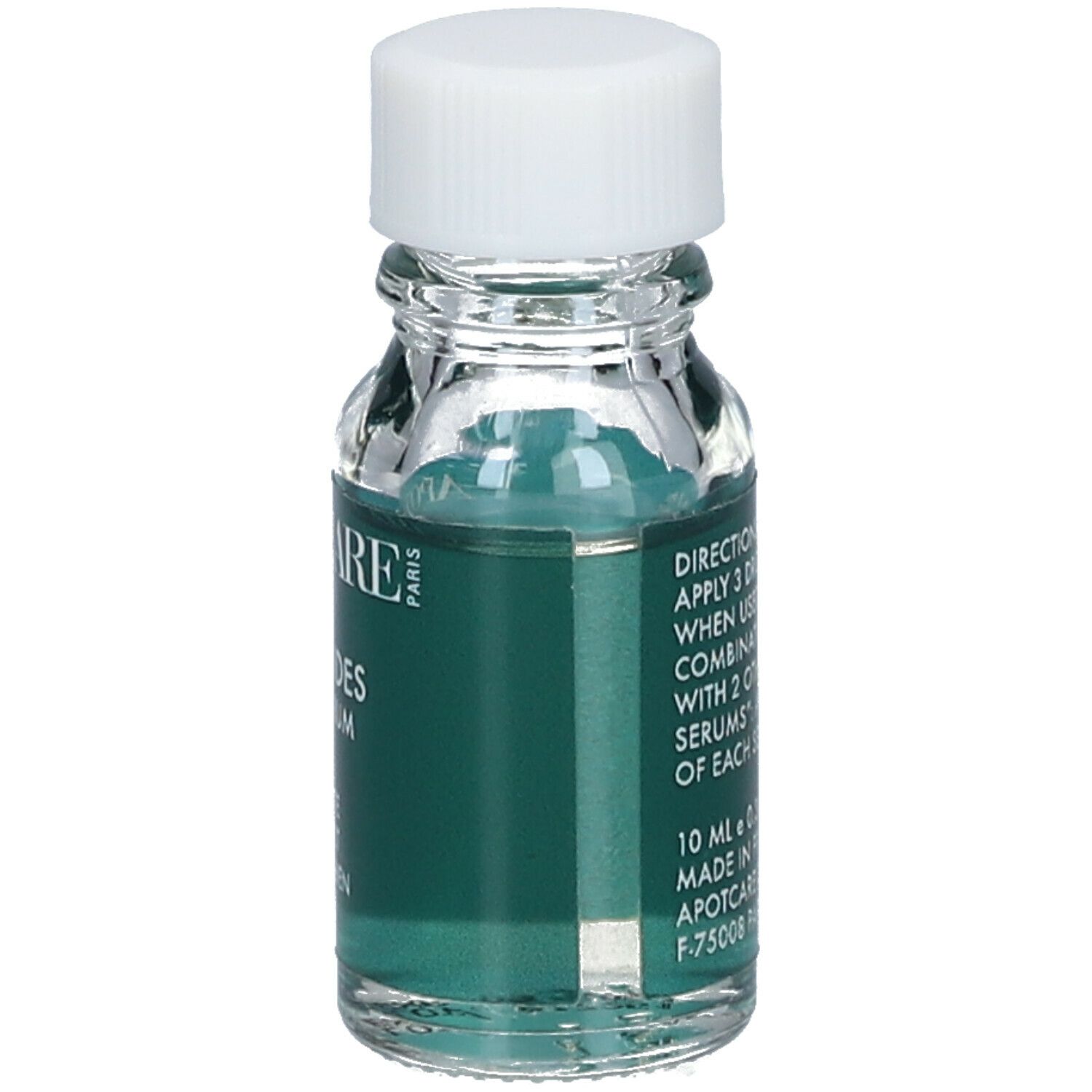 Flacon transparent avec sérum. Bouchon blanc. Inscription : APOT.CARE, Ceramides Pure Serum. Étiquette verte et blanche. Instructions d'utilisation.