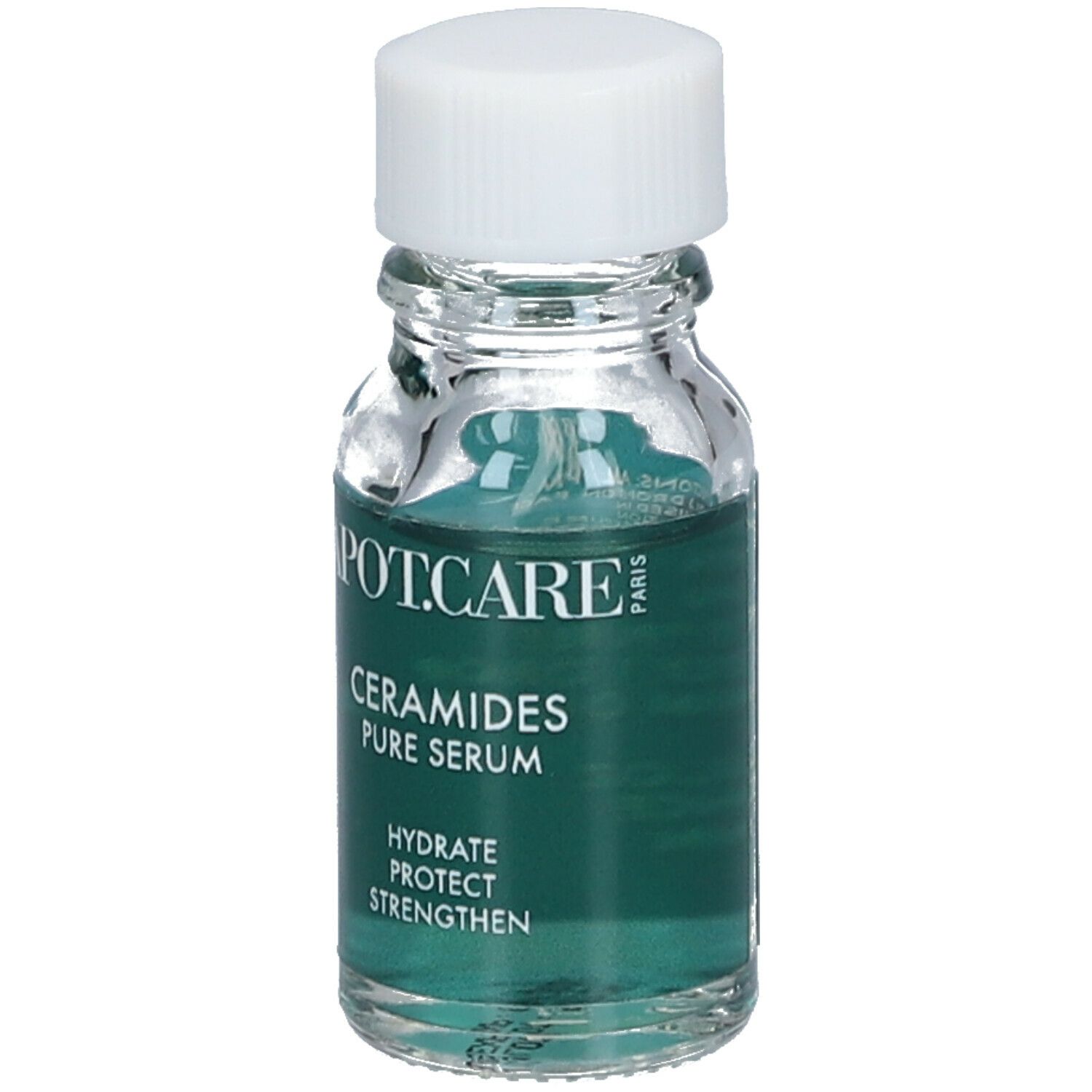 Flacon transparent avec sérum. Bouchon blanc. Inscription : APOT.CARE, Ceramides Pure Serum. Étiquette verte et blanche.