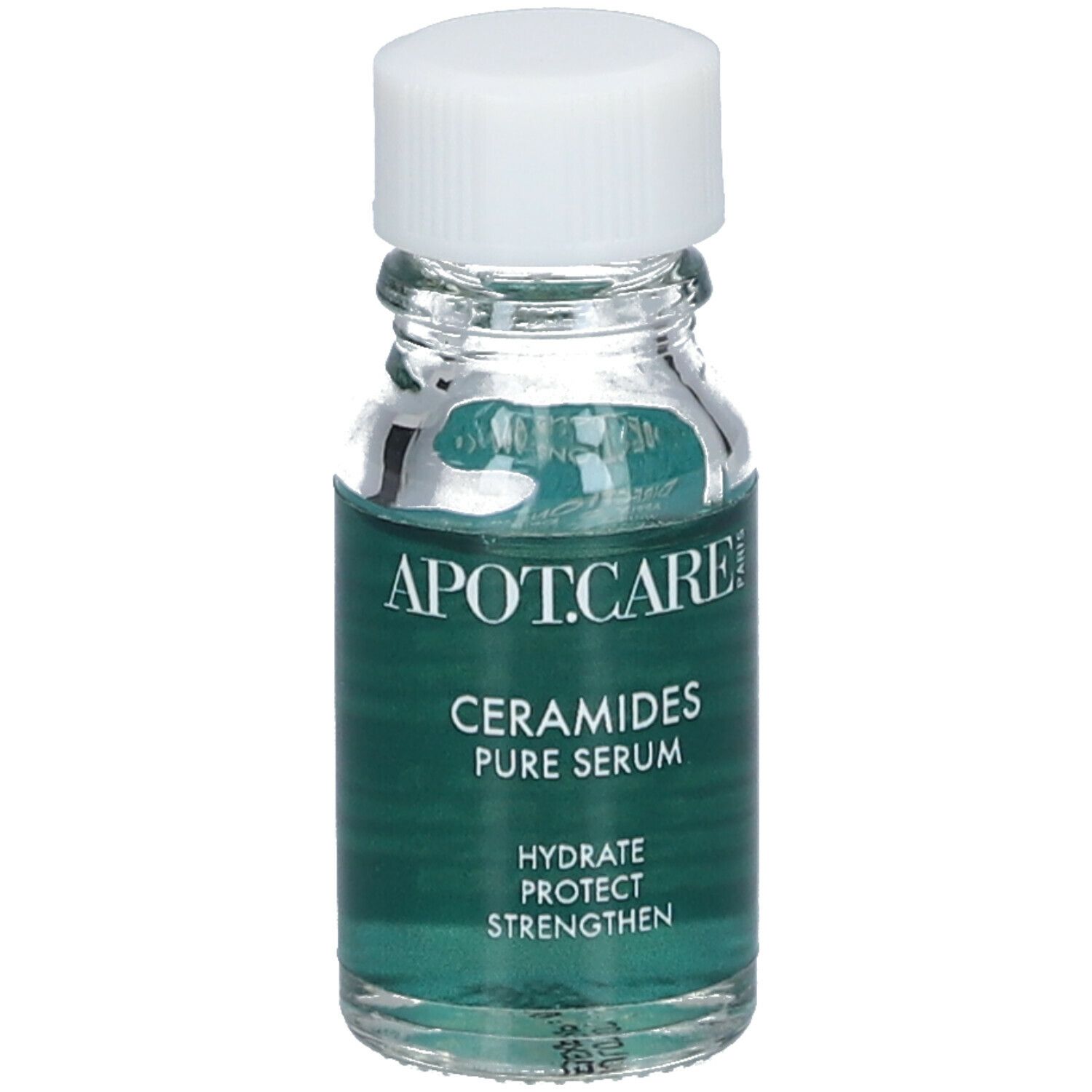 Flacon transparent avec sérum. Bouchon blanc. Inscription : APOT.CARE, Ceramides Pure Serum. Étiquette verte et blanche.