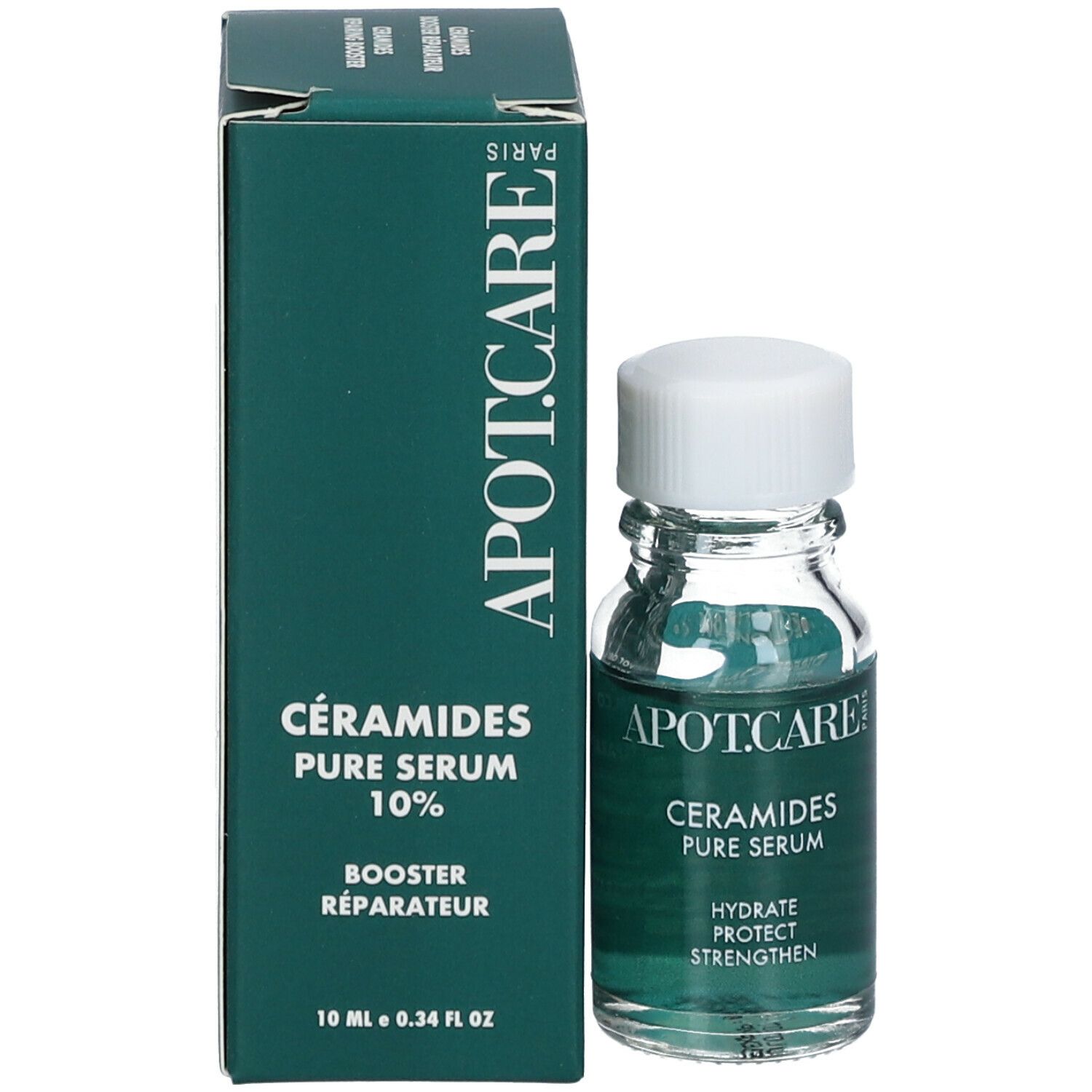 Emballage et flacon du produit. Inscription : APOT.CARE, Ceramides Pure Serum 10%. Emballage vert et blanc.