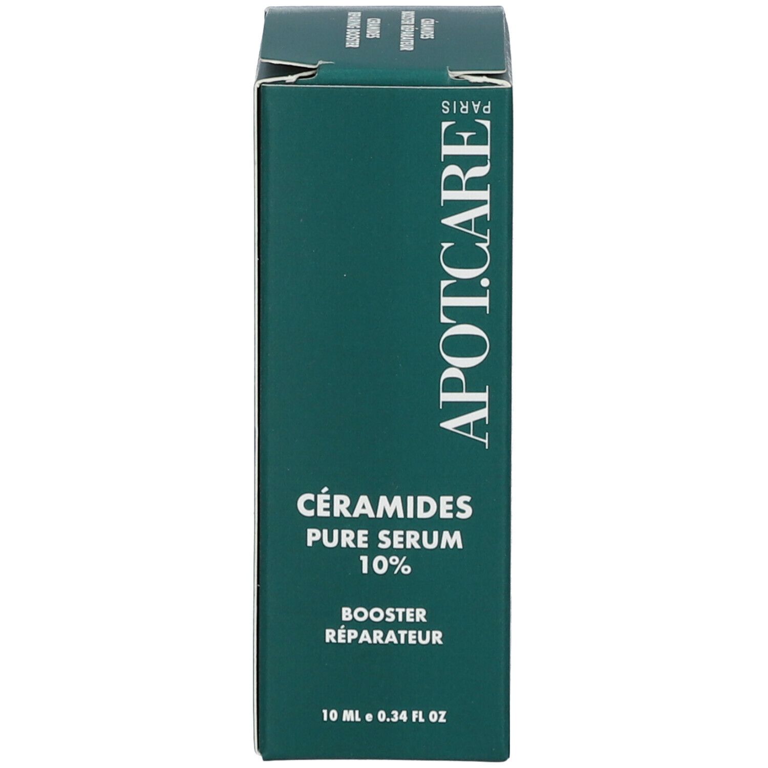 Emballage du produit. Inscription : APOT.CARE, Ceramides Pure Serum 10%. Emballage vert et blanc.