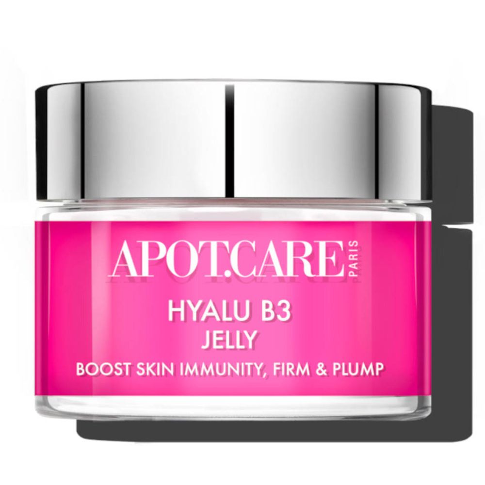 Pot de gel APOT.CARE Hyalu B3 avec couvercle argenté. Étiquette rose avec nom du produit et texte.