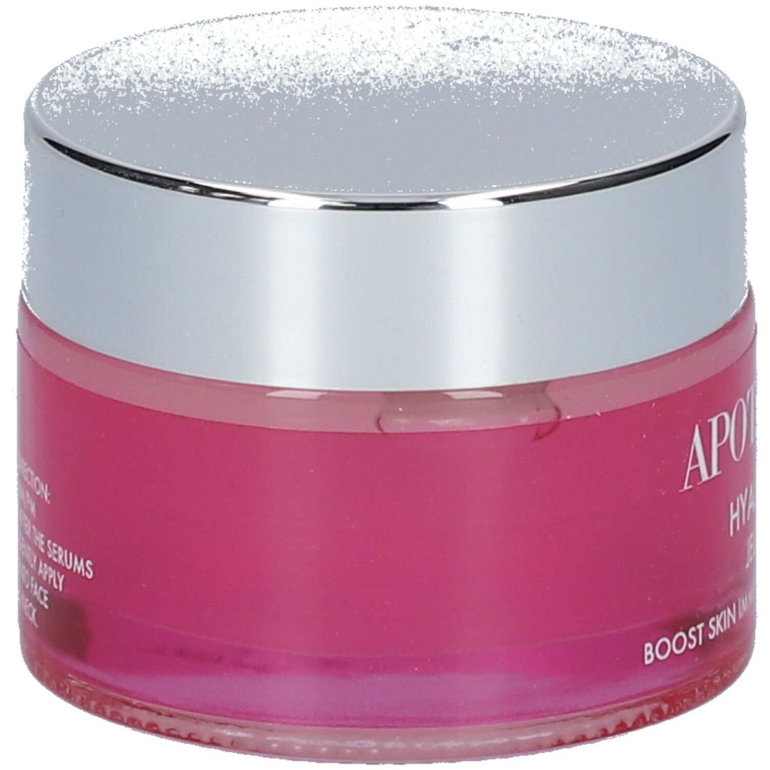 Pot de gel APOT.CARE Hyalu B3 avec couvercle argenté. Étiquette rose avec nom du produit et texte.