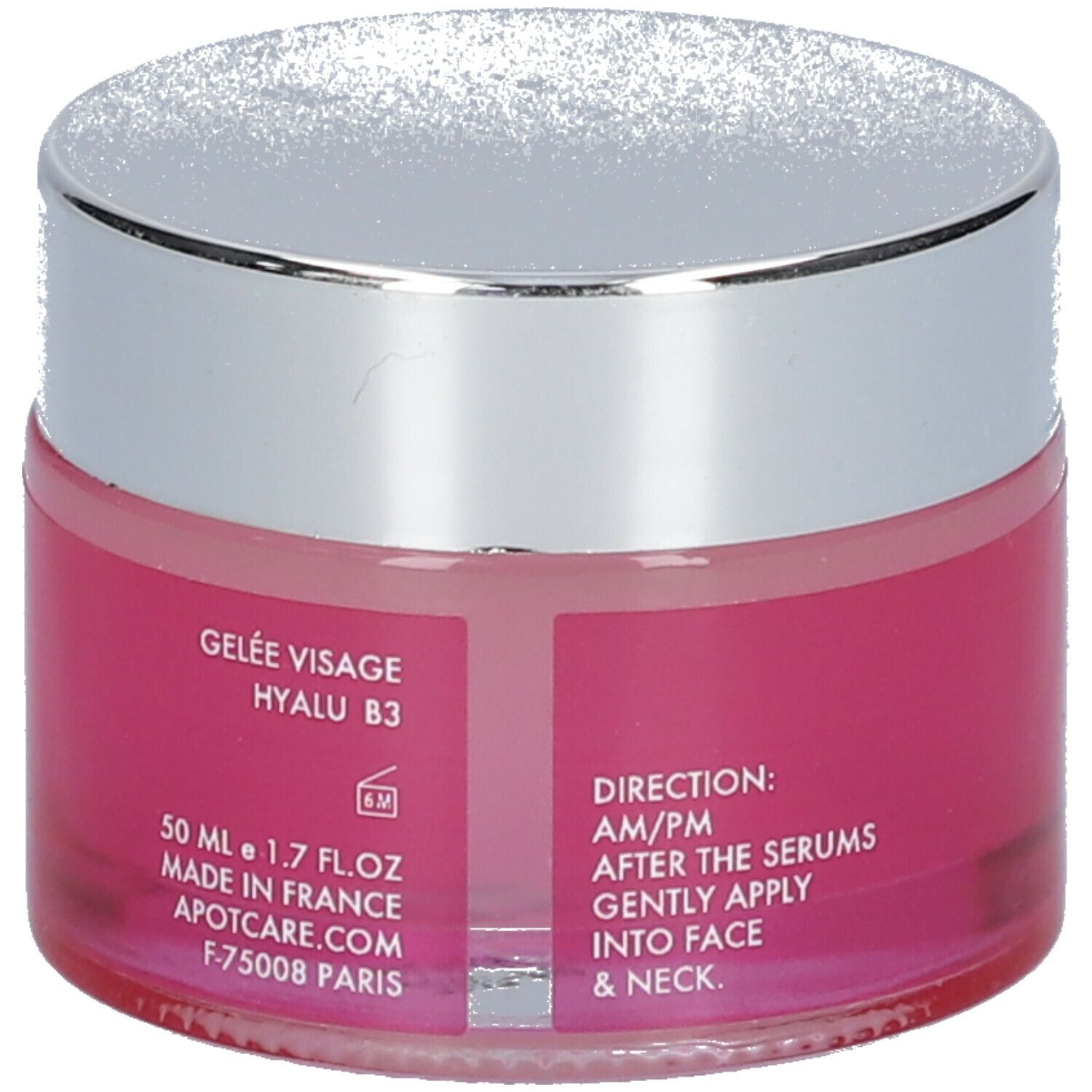 Pot de gel APOT.CARE Hyalu B3 avec couvercle argenté. Étiquette rose avec informations produit.