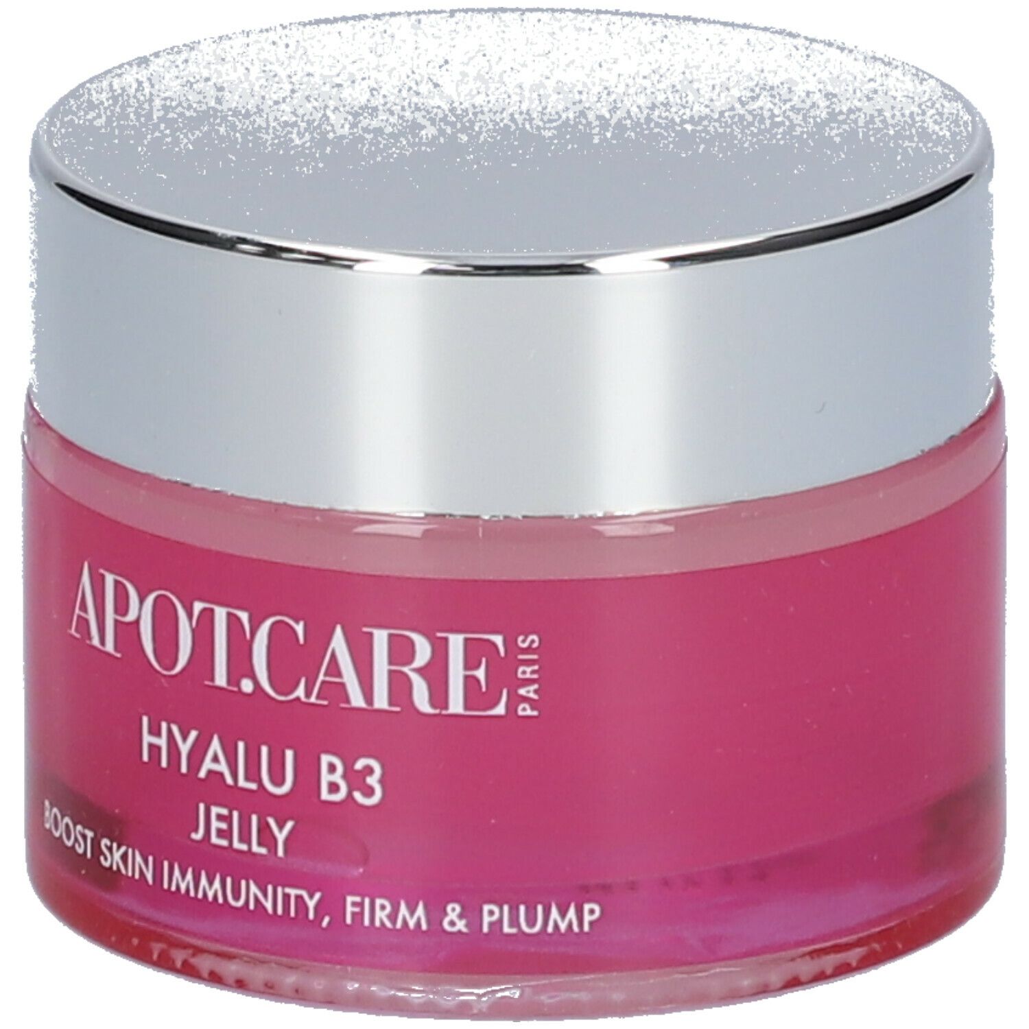 Pot de gel APOT.CARE Hyalu B3 avec couvercle argenté. Étiquette rose avec nom du produit et texte.