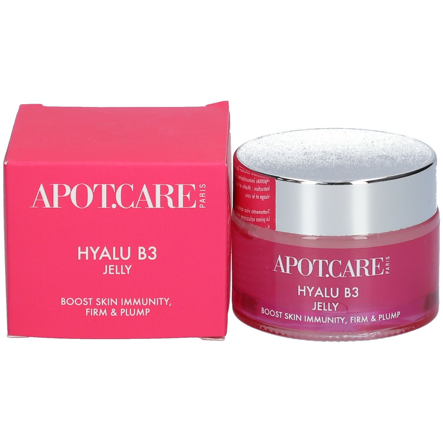 APOT.CARE Hyalu B3 Jelly et emballage. Emballage rose avec nom du produit et texte.