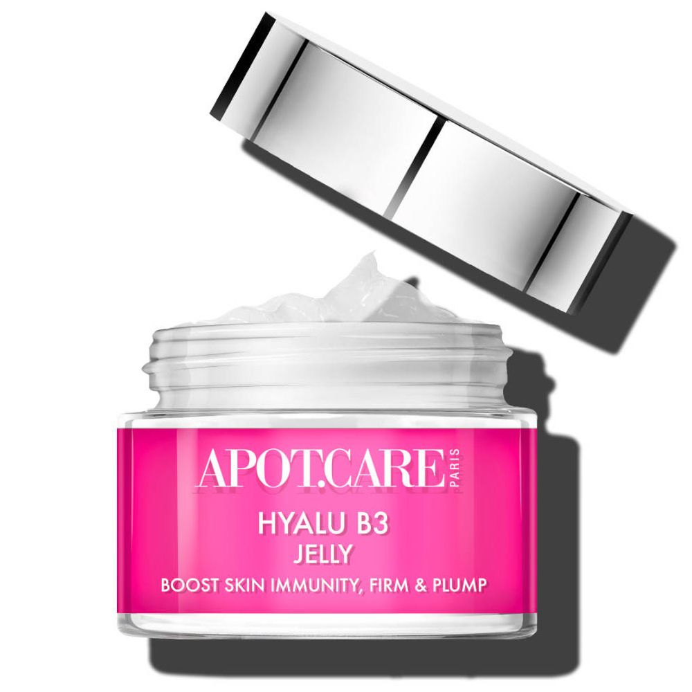 APOT.CARE Hyalu B3 Jelly en pot avec couvercle ouvert. Étiquette rose. Produit rempli de gel blanc.